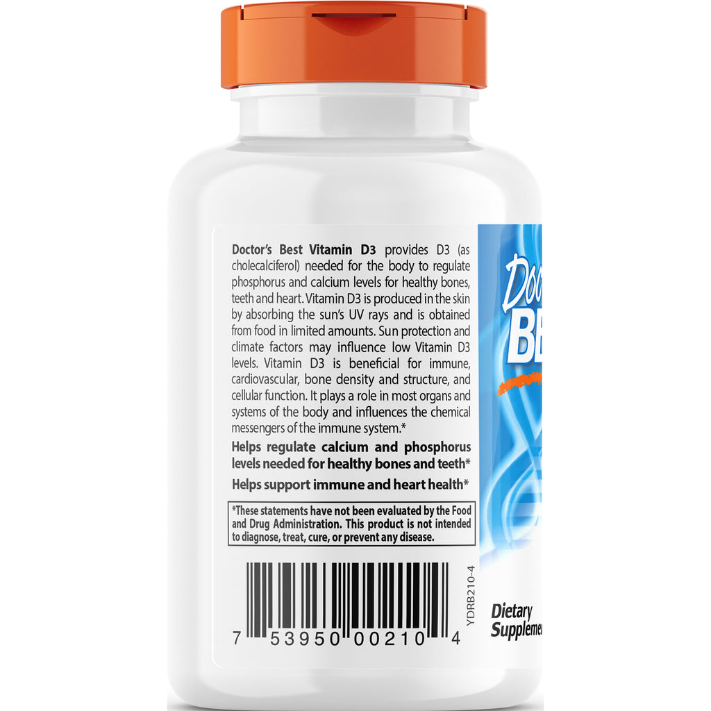 White supplement bottle back label showing Vitamin D3 information, barcode and orange cap - Thumbnail