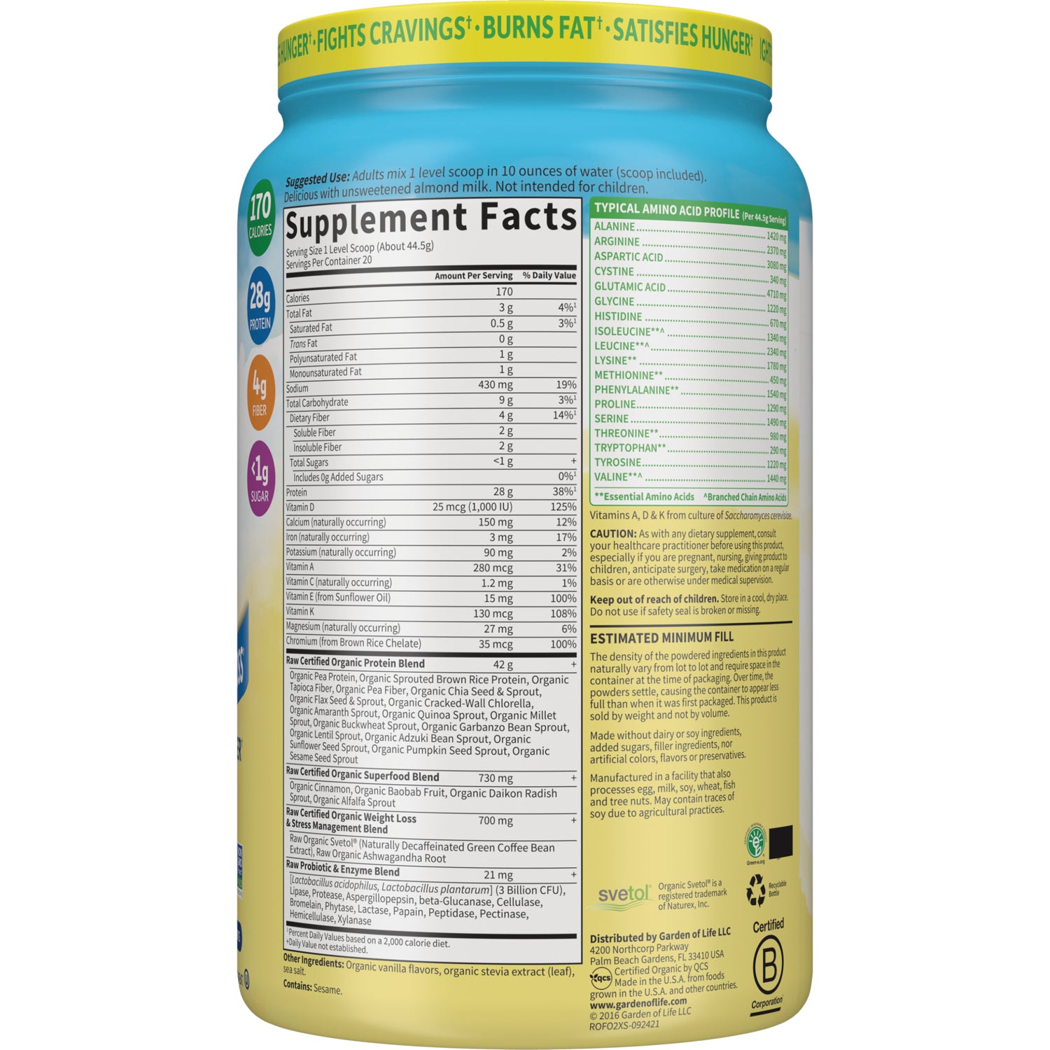 Back label showing supplement facts, ingredient list, amino acid profile and estimated fill text on blue and yellow container