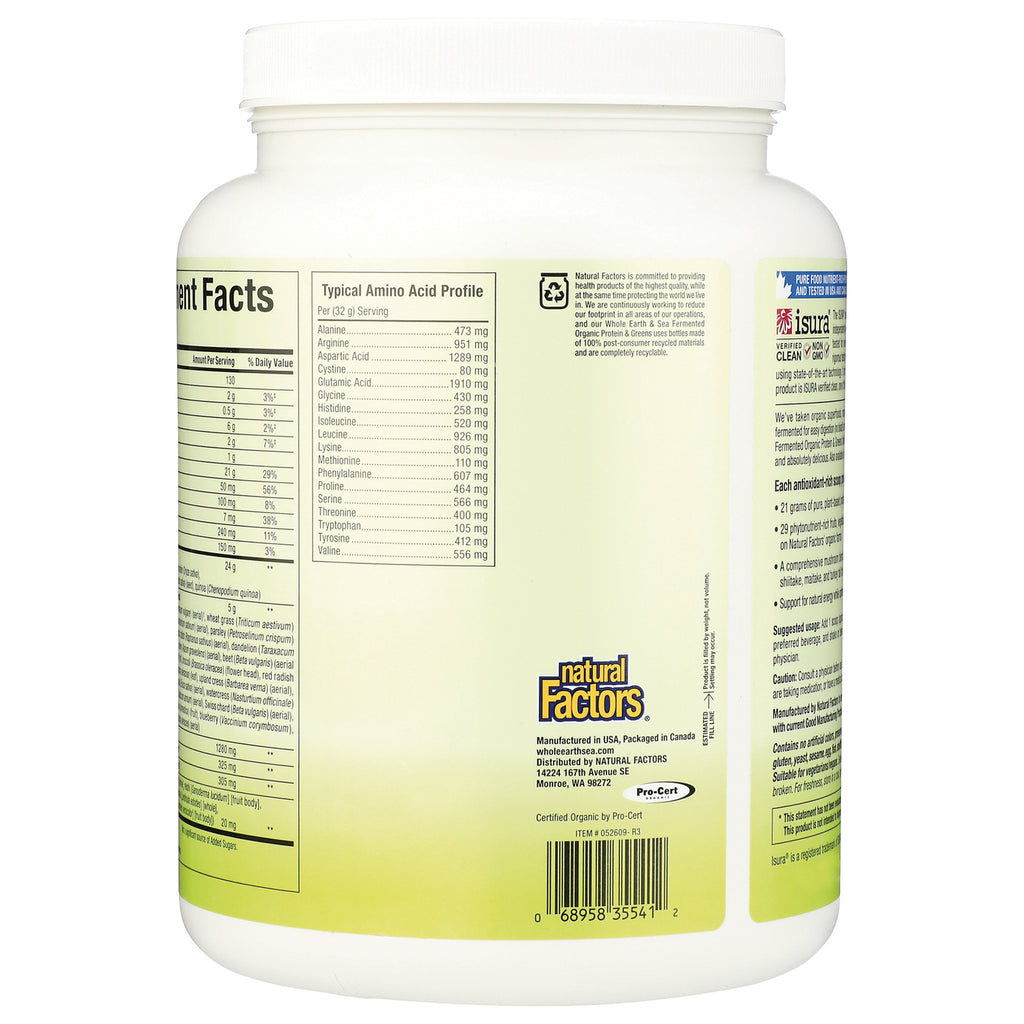 NFC195 | Back of Natural Factors supplement jar showing nutrition facts, typical amino acid profile, logo and barcode - Thumbnail