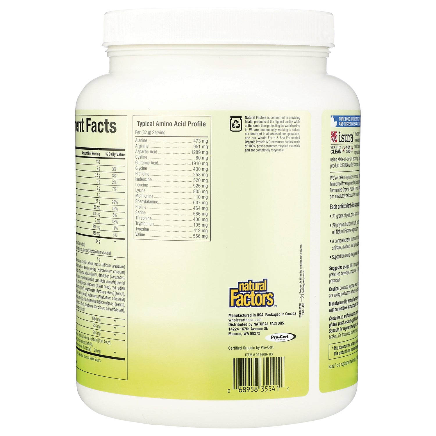 NFC195 | Back of Natural Factors supplement jar showing nutrition facts, typical amino acid profile, logo and barcode