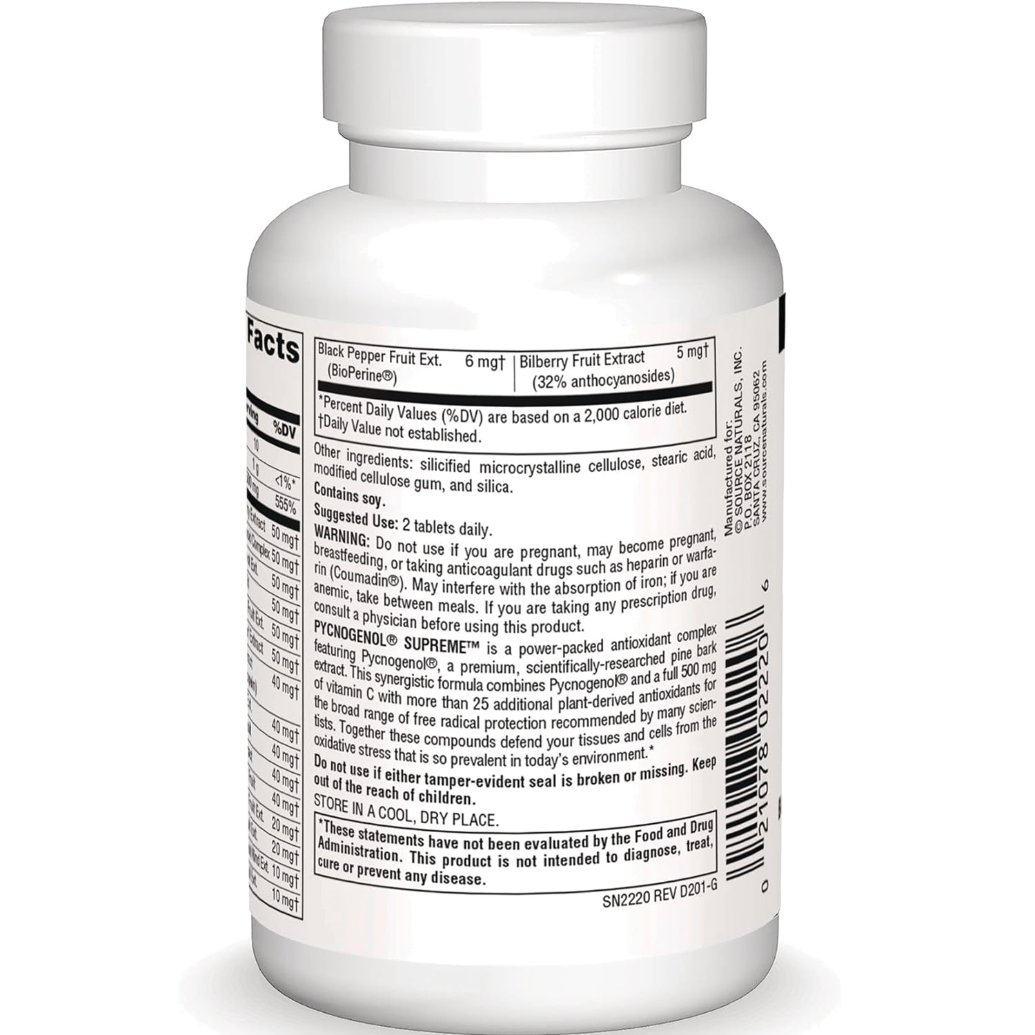 SN682 | Back label with Supplement Facts, ingredients, warning, and barcode