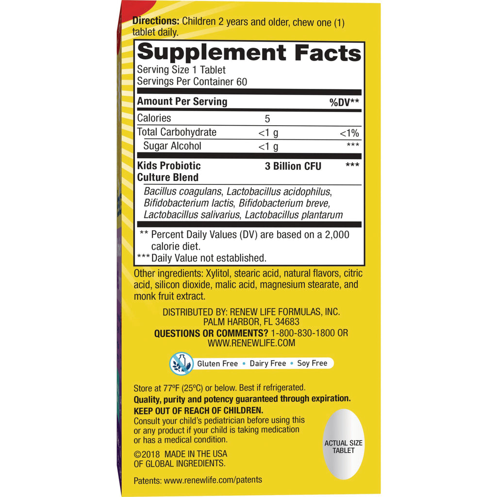 RNL205 | back panel showing Supplement Facts, kids probiotic 3 Billion CFU, ingredients and storage instructions - Thumbnail