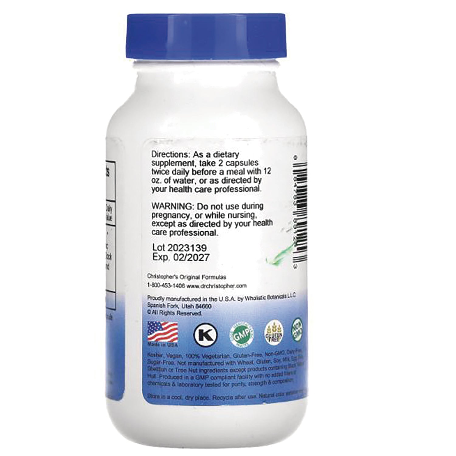 DCR033 | back of white supplement bottle showing directions, warning, Lot 2023139, Exp 02/2027, barcode and certification icons
