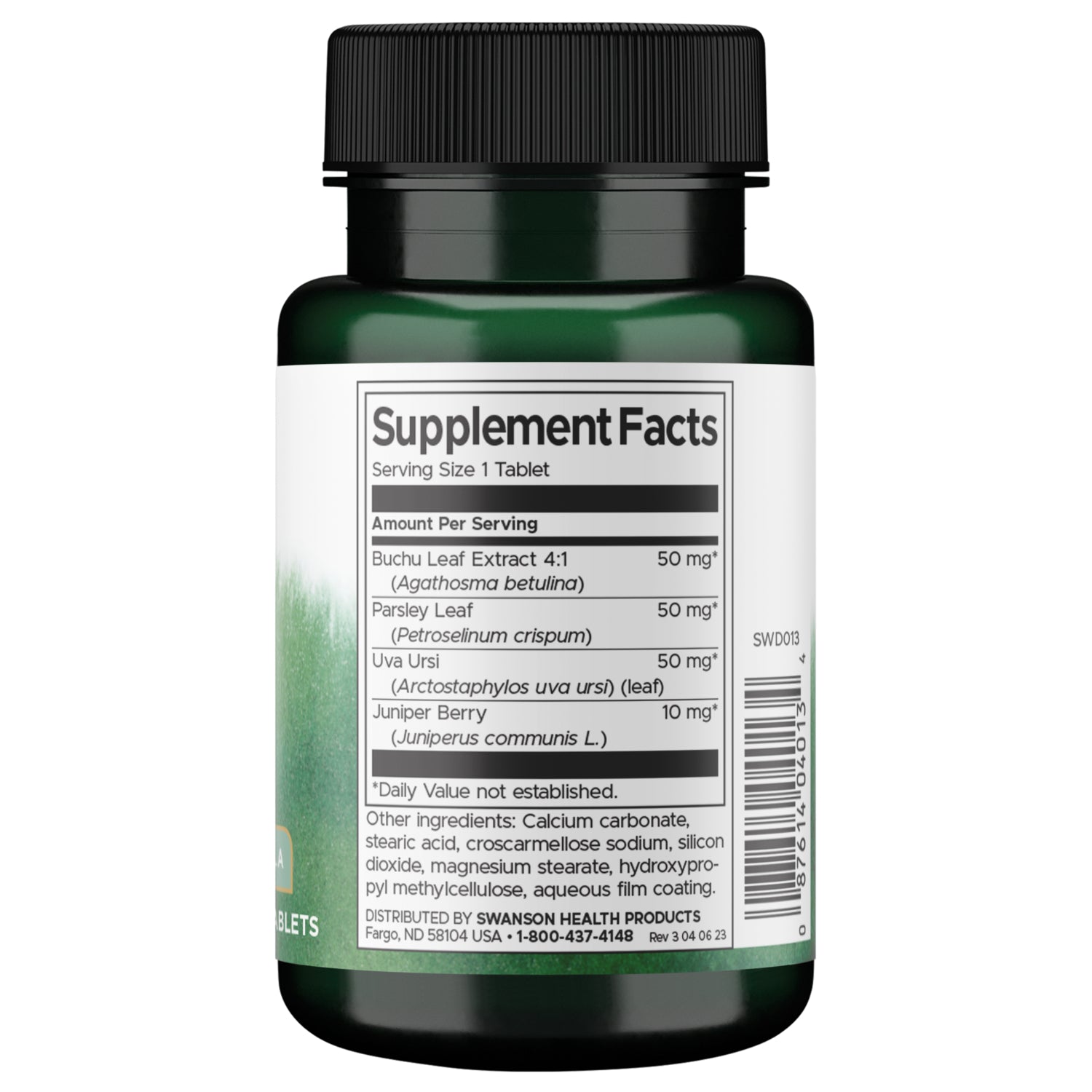 SWD013 | Back label with Supplement Facts and ingredients for herbal tablets, serving size 1 tablet