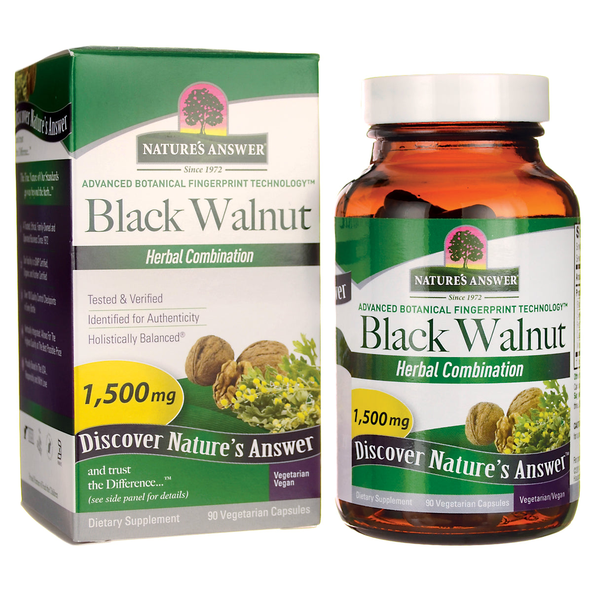 NAT118 | Nature's Answer Black Walnut herbal combination supplement front showing bottle and box, 1,500 mg, 90 vegetarian capsules