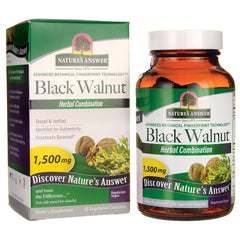 NAT118 | Nature's Answer Black Walnut herbal combination supplement front showing bottle and box, 1,500 mg, 90 vegetarian capsules