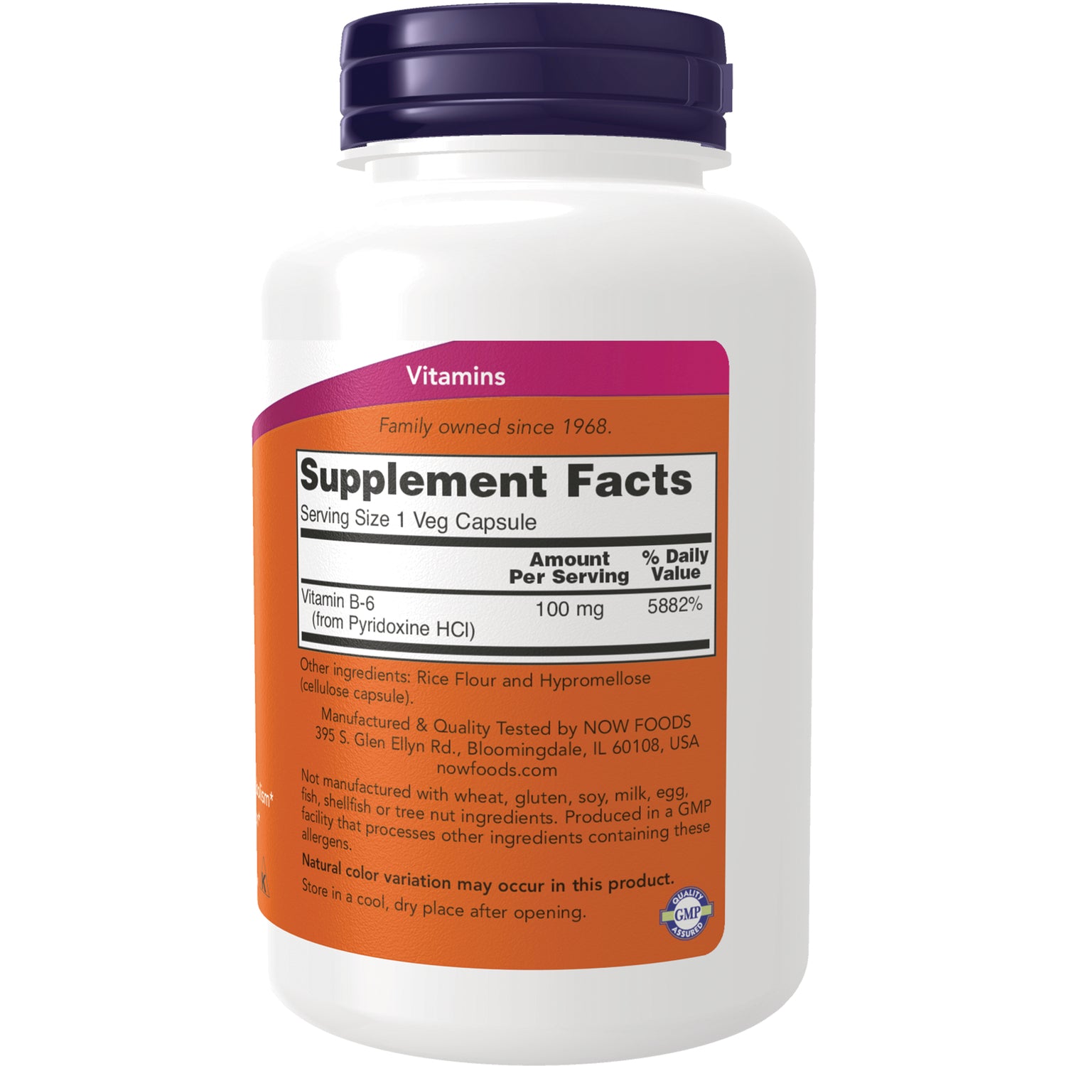 NWF1439 | Back label showing Supplement Facts panel, serving size 1 veg capsule and Vitamin B-6 100 mg
