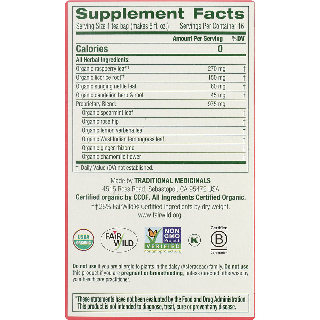 TMD033 | Supplement Facts panel listing organic raspberry leaf, licorice root, nettle, spearmint, and other ingredients - Thumbnail