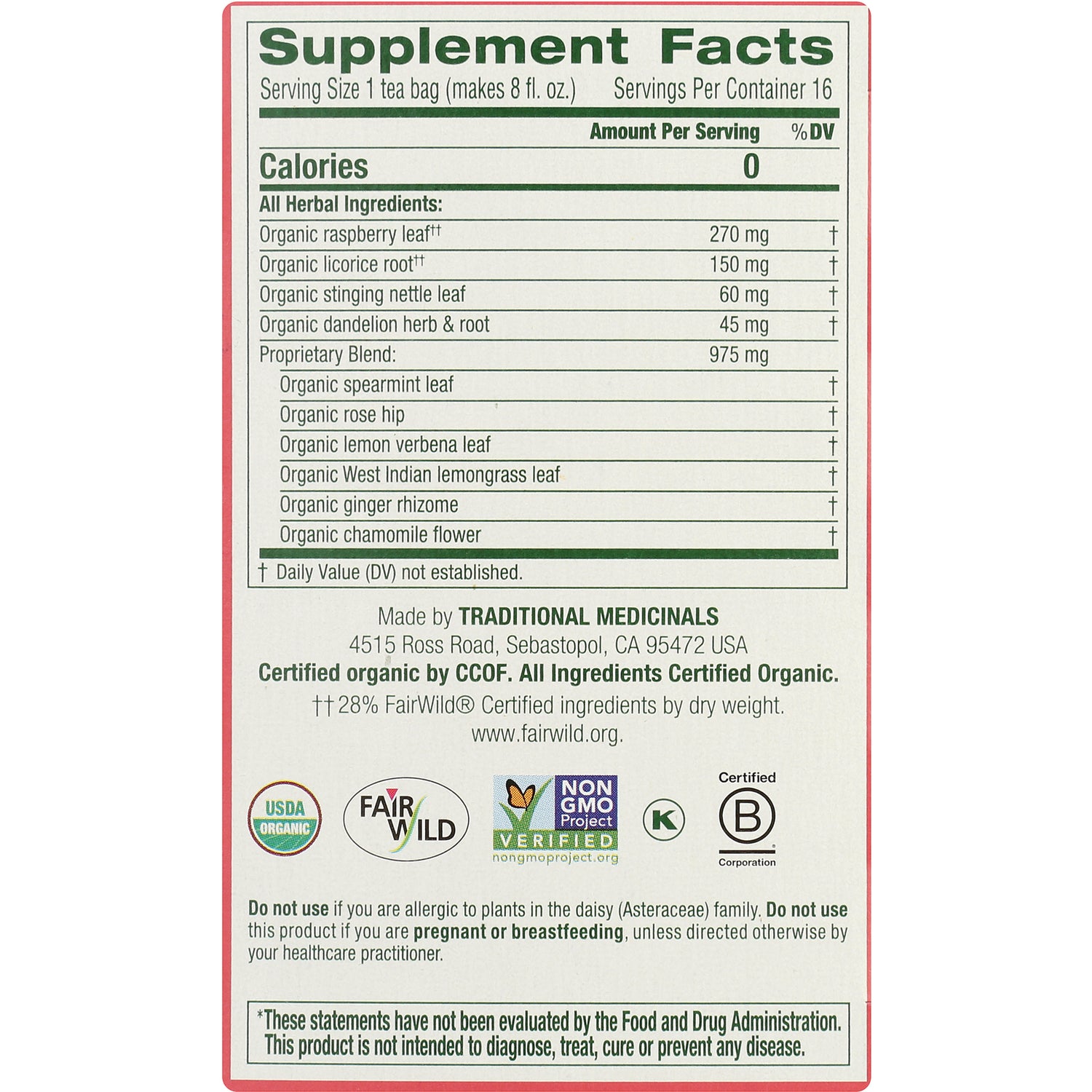 TMD033 | Supplement Facts panel listing organic raspberry leaf, licorice root, nettle, spearmint, and other ingredients