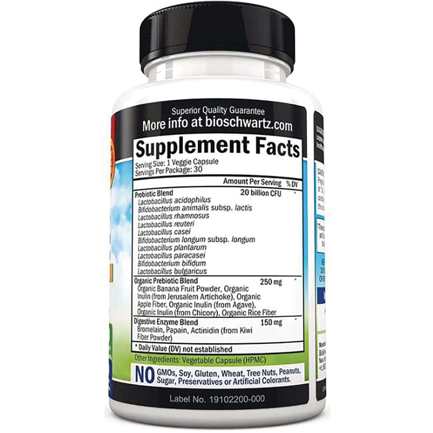 BSZ019 | Supplement Facts and ingredient panel on back of white supplement bottle showing probiotic and prebiotic blends