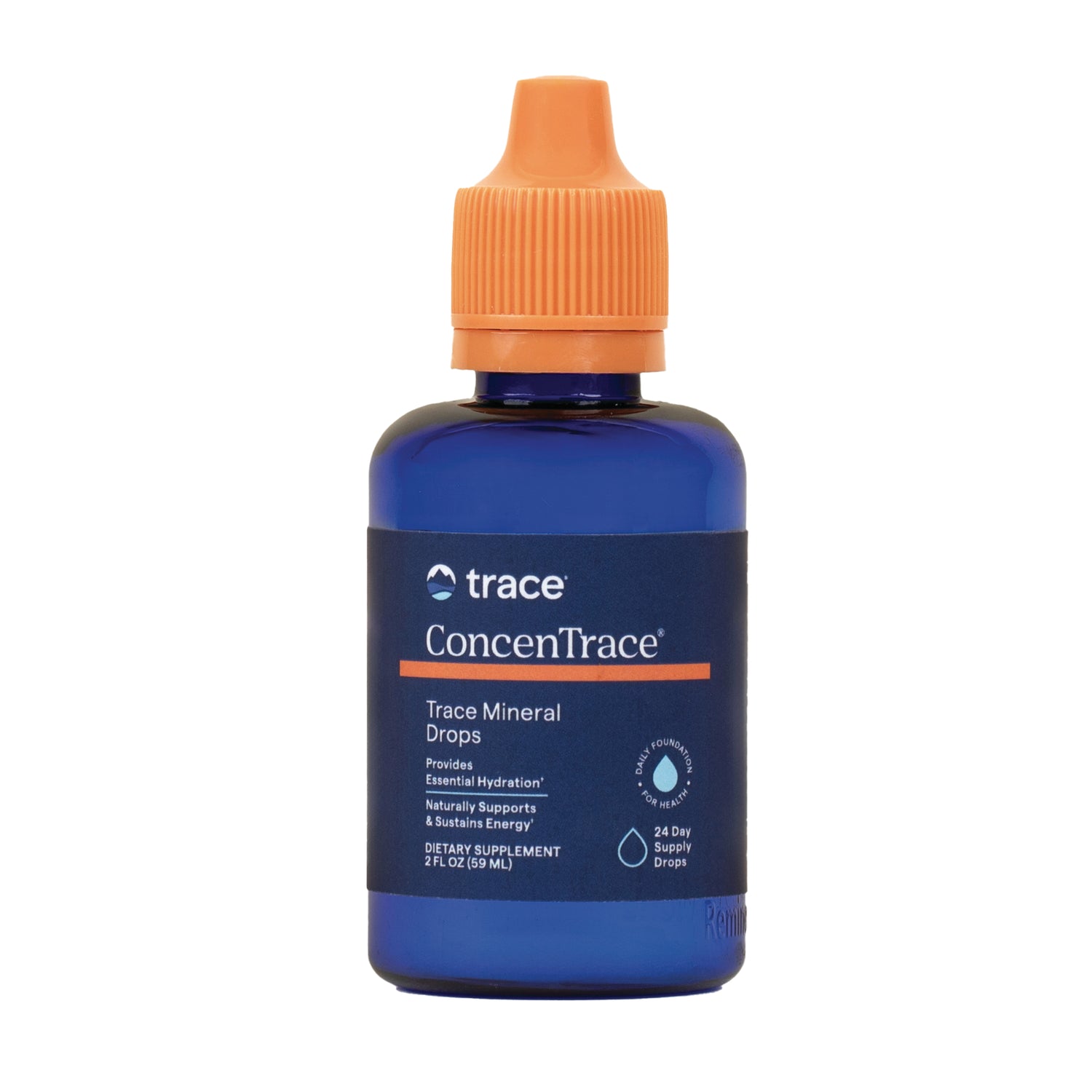 TM106 | Trace ConcenTrace Trace Mineral Drops dietary supplement, 2 fl oz blue bottle with orange dropper cap
