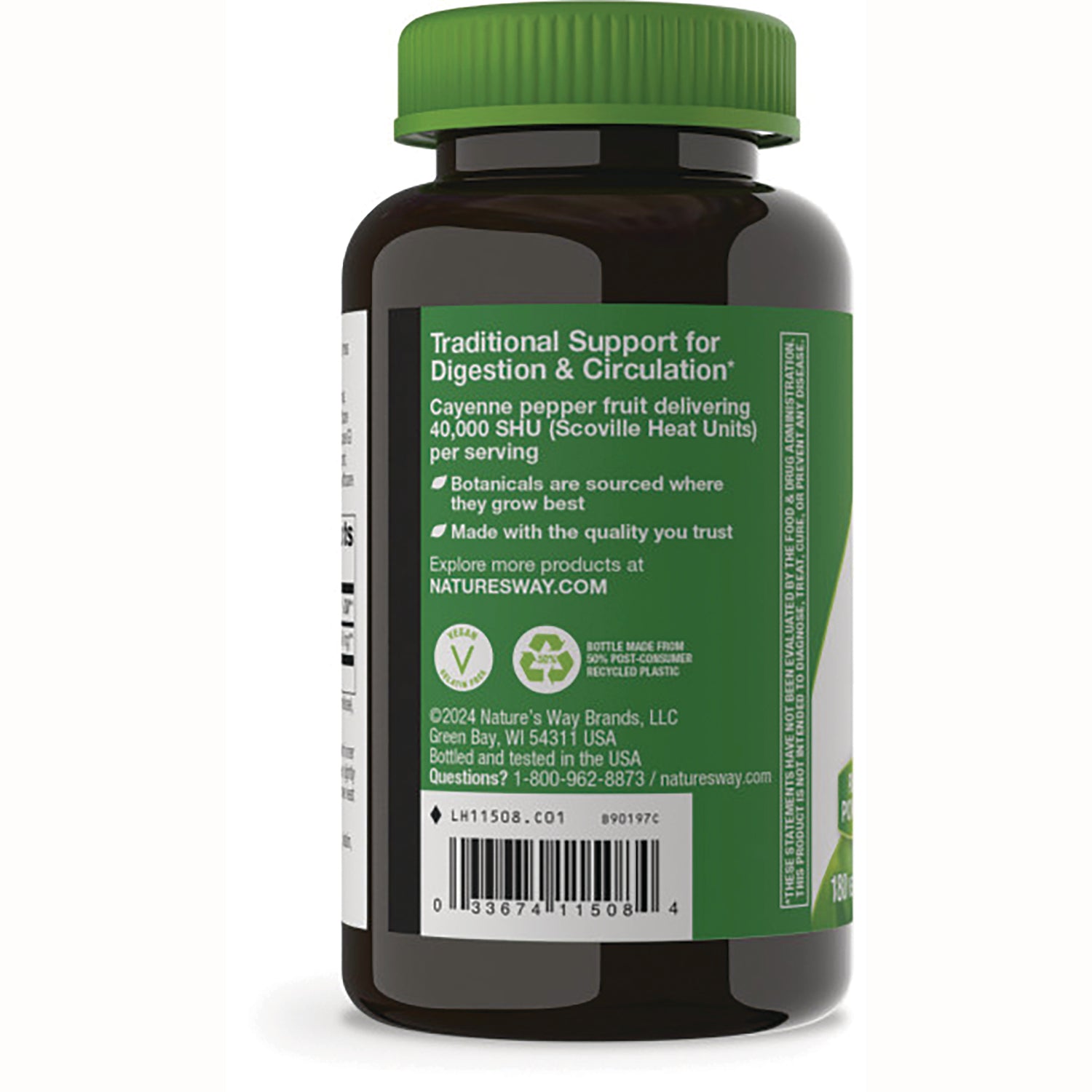 NW480 | Back label of brown supplement bottle displaying digestion & circulation benefits, sourcing statements and barcode