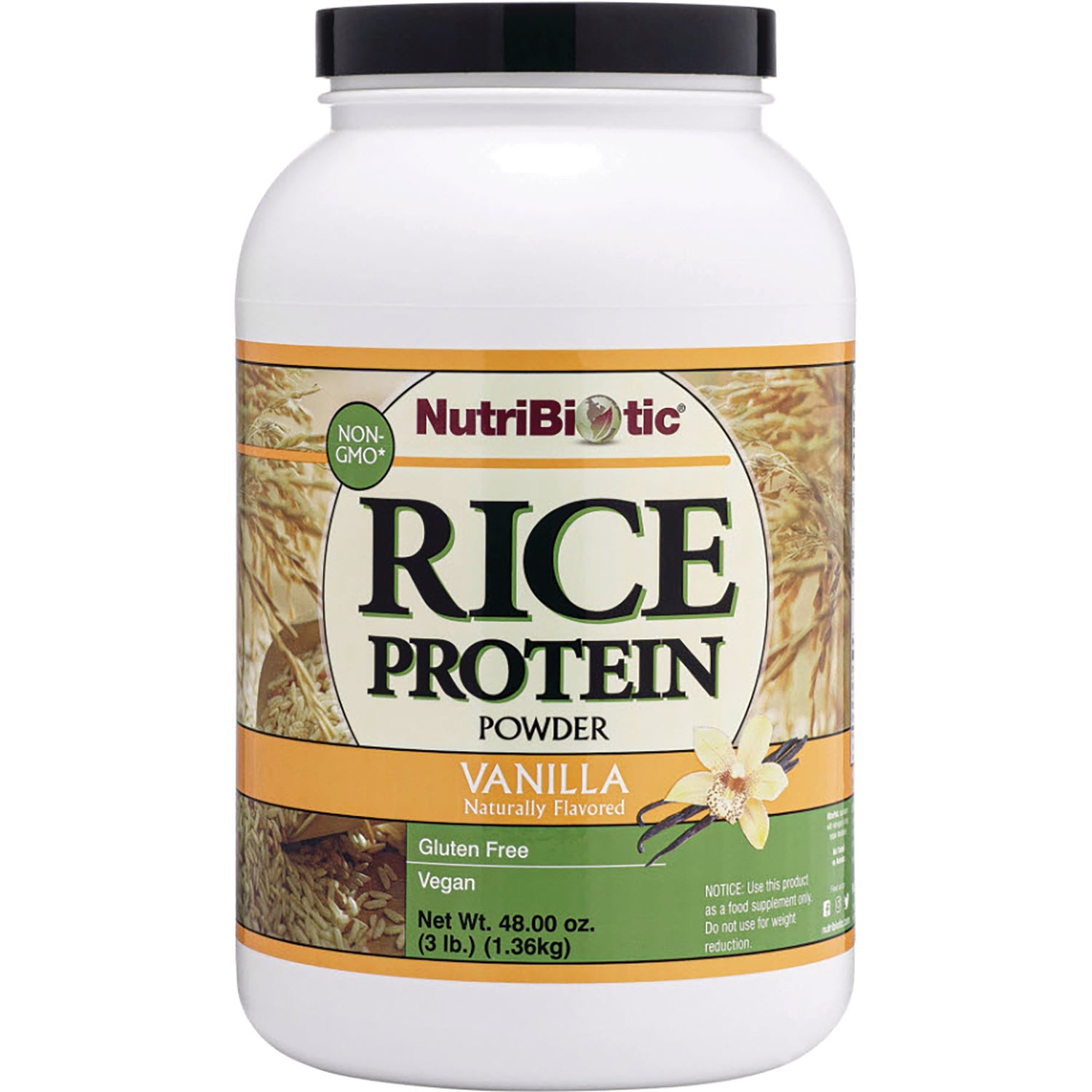 NUB006 | NutriBiotic Rice Protein powder vanilla in white tub, front label showing Gluten Free, Vegan, Net Wt 48 oz
