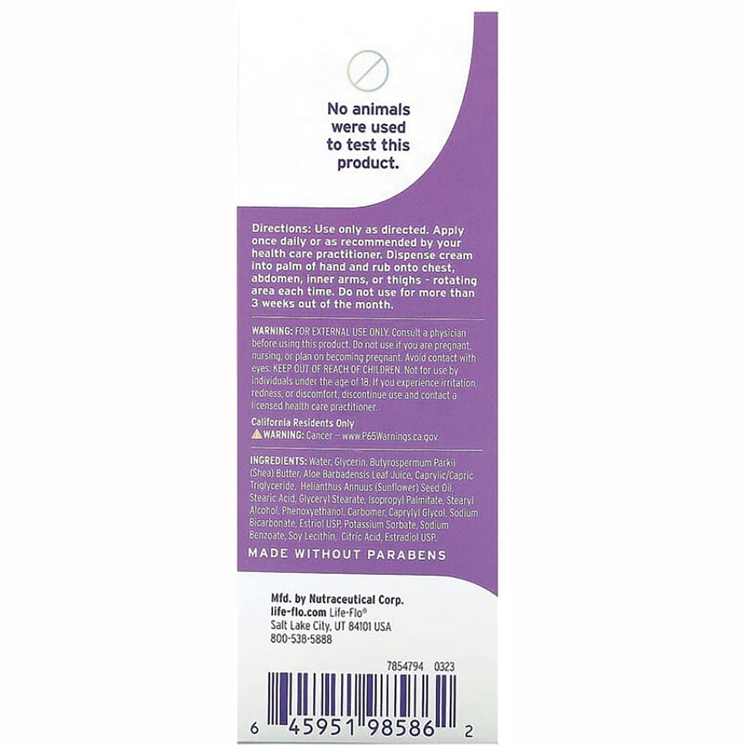 LFH027 | Back of product box with directions, warnings, ingredients list, cruelty-free symbol and barcode