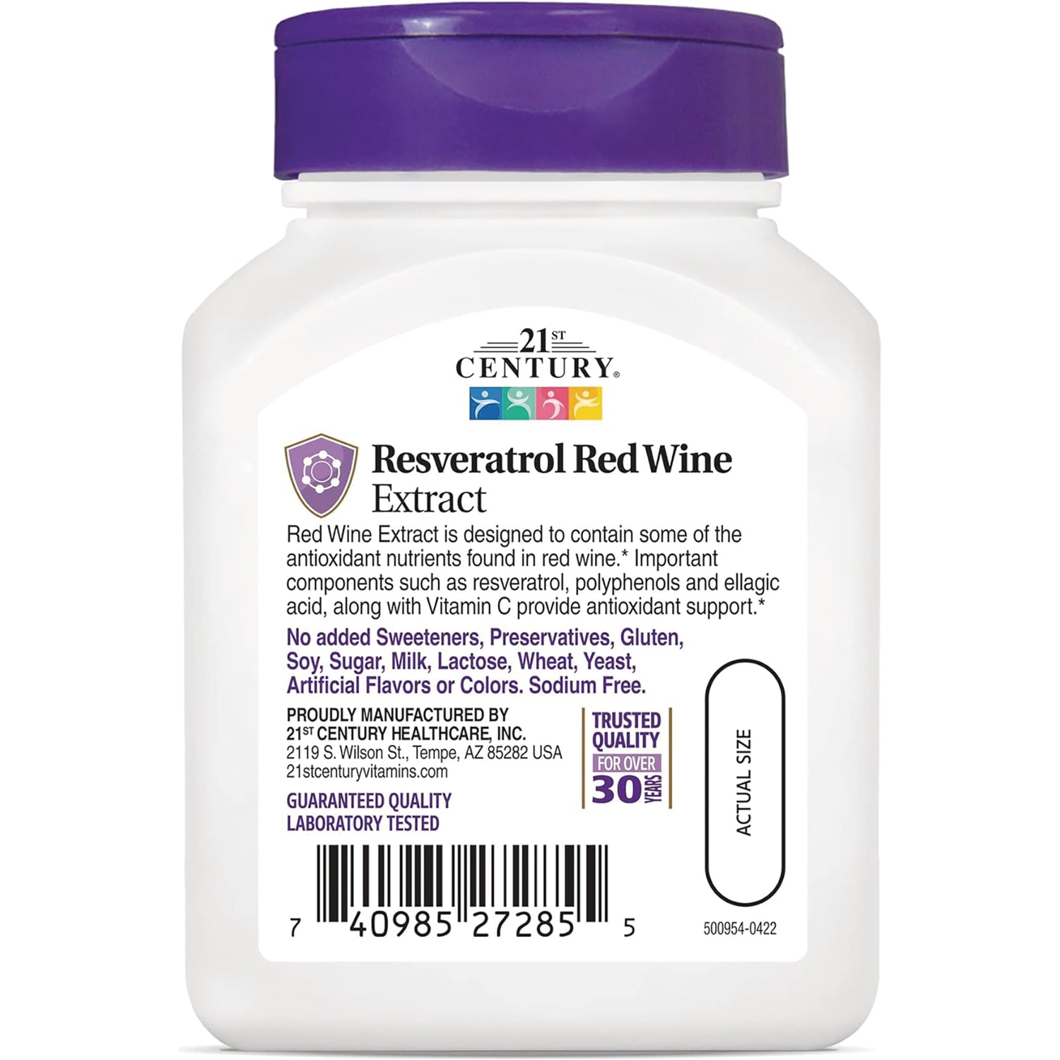 CNT211 | back label of white bottle reading Resveratrol Red Wine Extract with product details, barcode and actual size oval