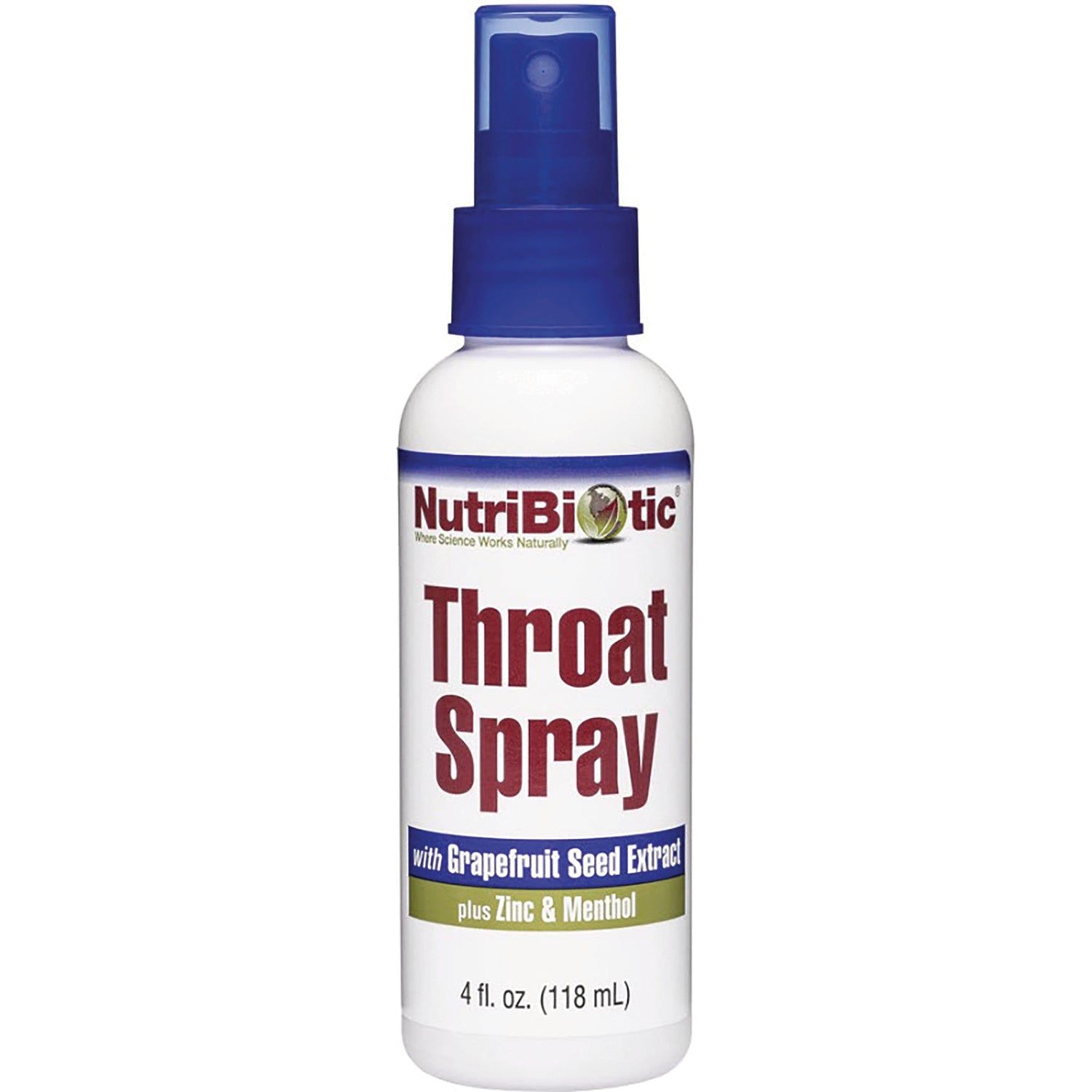 NUB012 | NutriBiotic Throat Spray bottle with blue spray top, labeled with Grapefruit Seed Extract plus Zinc & Menthol, 4 fl oz