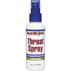 NUB012 | NutriBiotic Throat Spray bottle with blue spray top, labeled with Grapefruit Seed Extract plus Zinc & Menthol, 4 fl oz