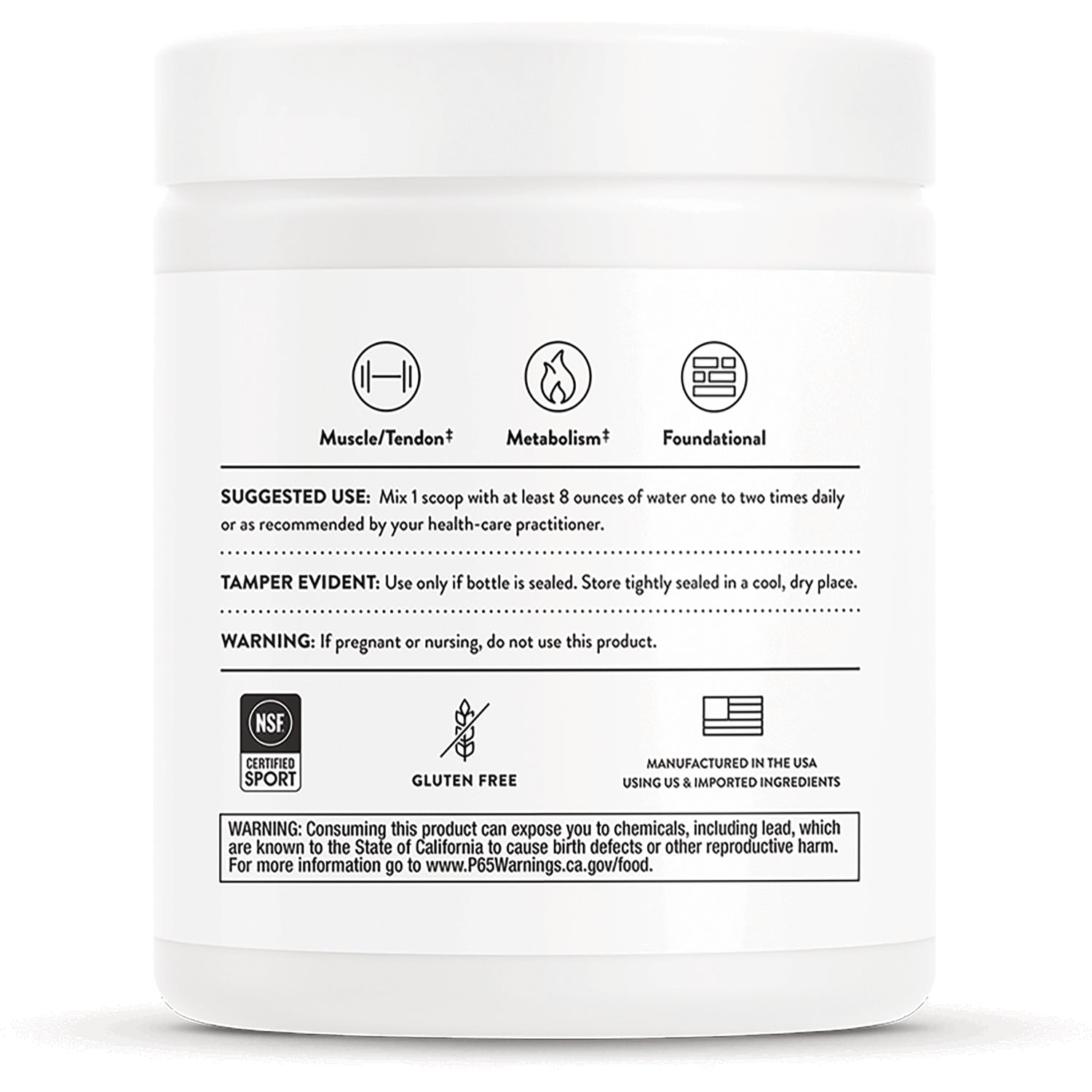 TRN005 | Back label with Suggested Use, Tamper Evident, Warning, NSF Certified Sport, Gluten Free, Manufactured in USA
