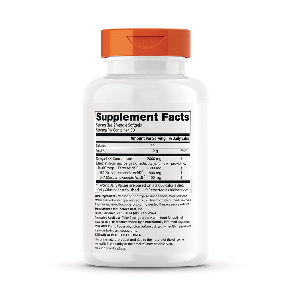 Back label showing Supplement Facts panel and nutrition facts for omega-3 veggie softgels on white bottle - Thumbnail