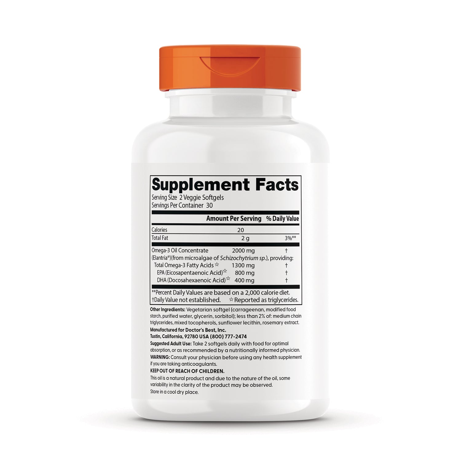 Back label showing Supplement Facts panel and nutrition facts for omega-3 veggie softgels on white bottle