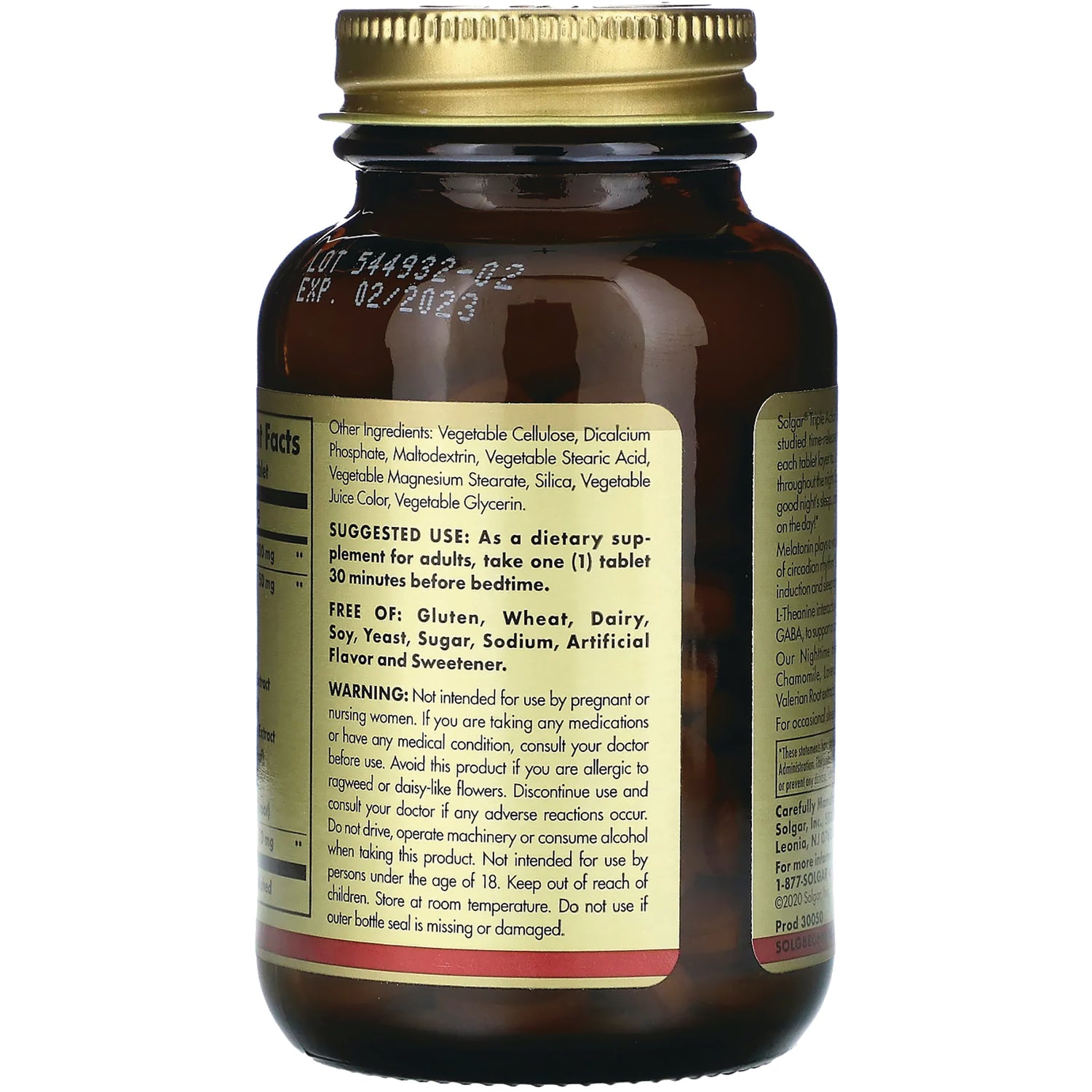 SLG372 | Back label of amber supplement bottle showing ingredients, suggested use, warnings and lot/exp code