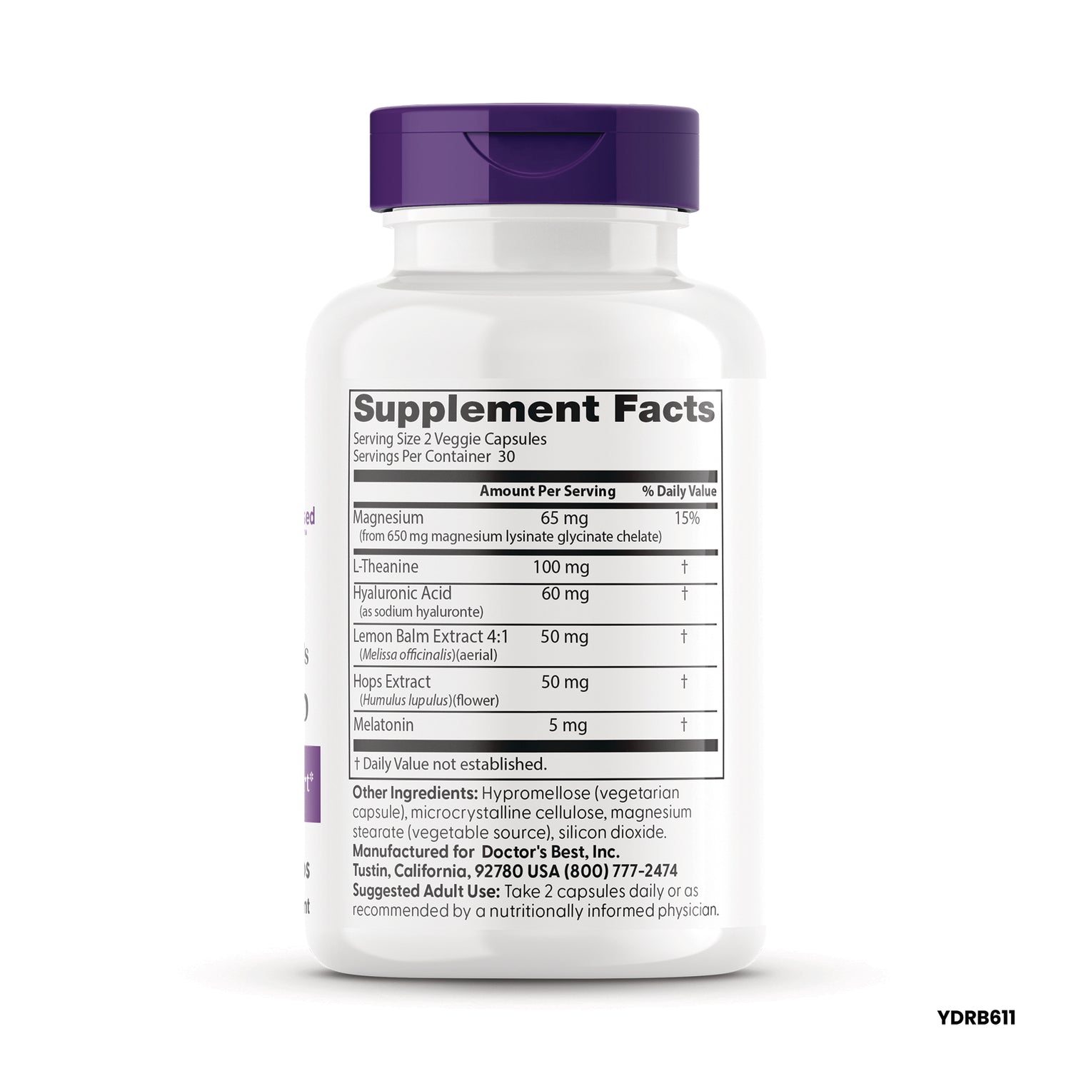 DB303 | Supplement Facts label on white bottle listing magnesium, L-theanine, hyaluronic acid, lemon balm, hops extract, melatonin