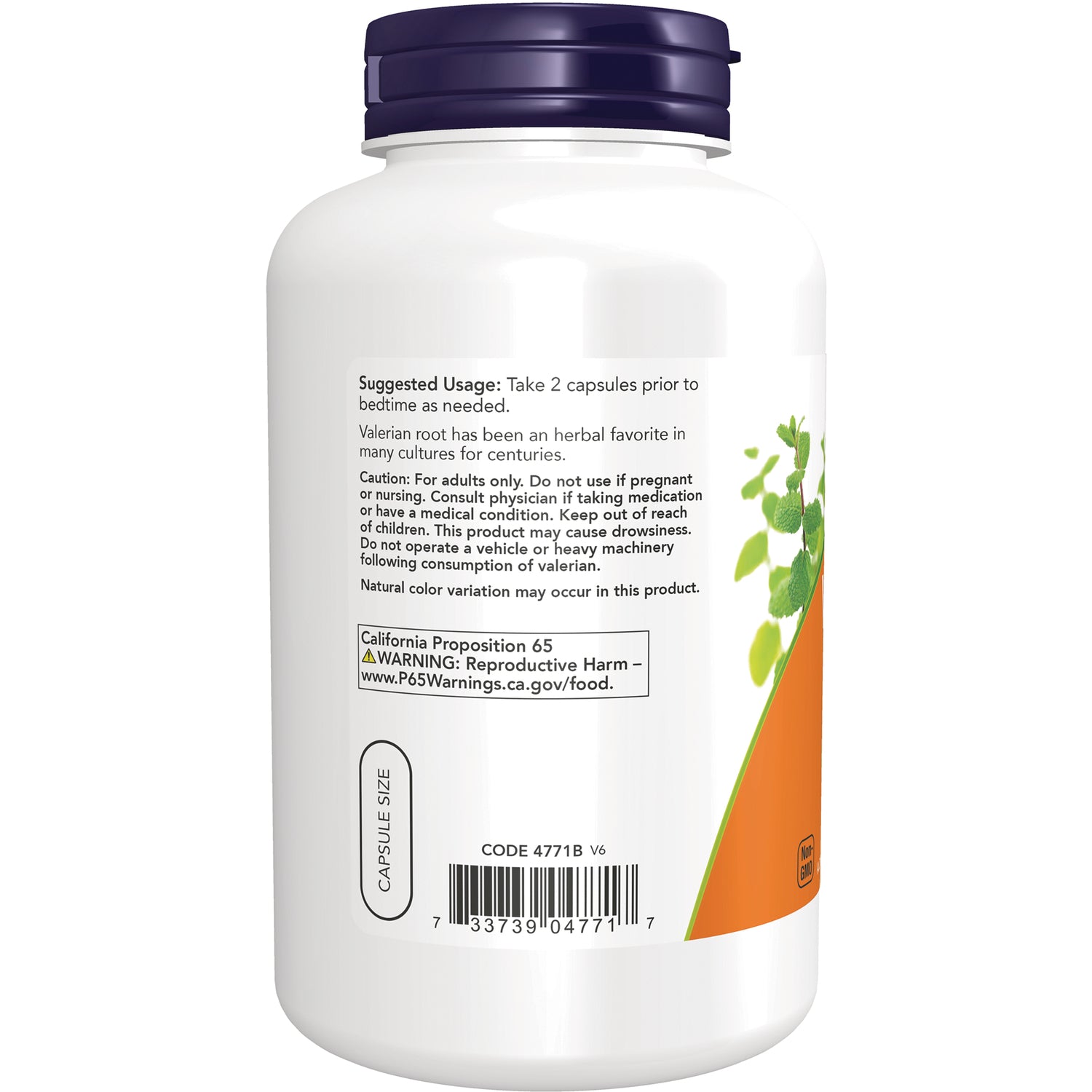 NWF716 | Back label of white supplement bottle showing suggested usage, warnings, and barcode