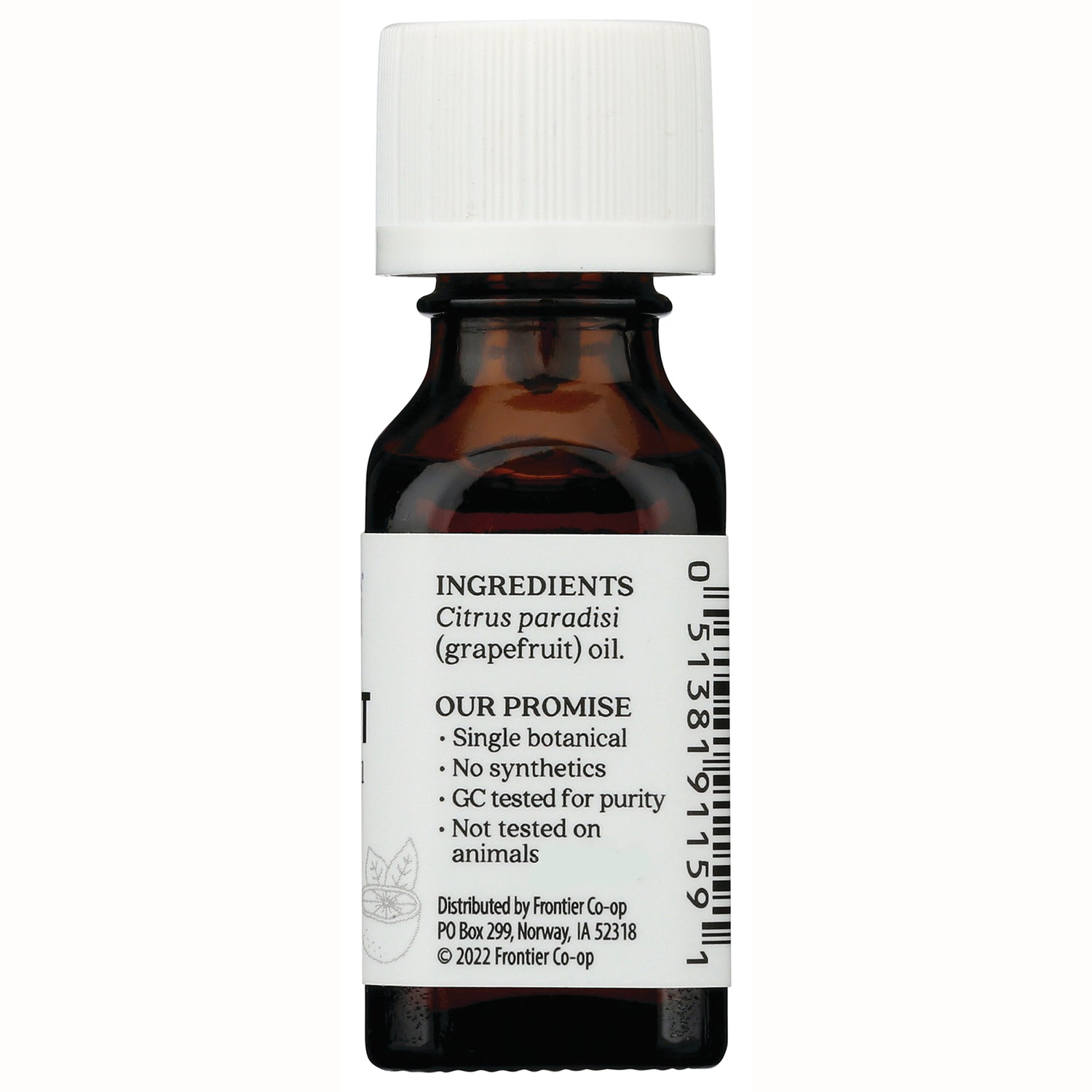 ARC034 | Back of amber essential oil bottle label reading INGREDIENTS Citrus paradisi (grapefruit) oil and Our Promise details