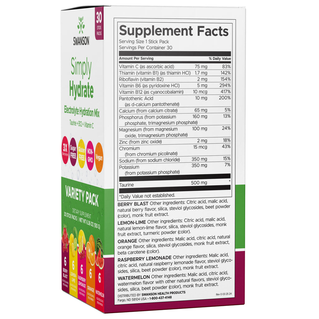 SW1929 | Five Swanson Simply Hydrate electrolyte stick packs in berry, lemon-lime, raspberry lemonade, orange and watermelon - Thumbnail