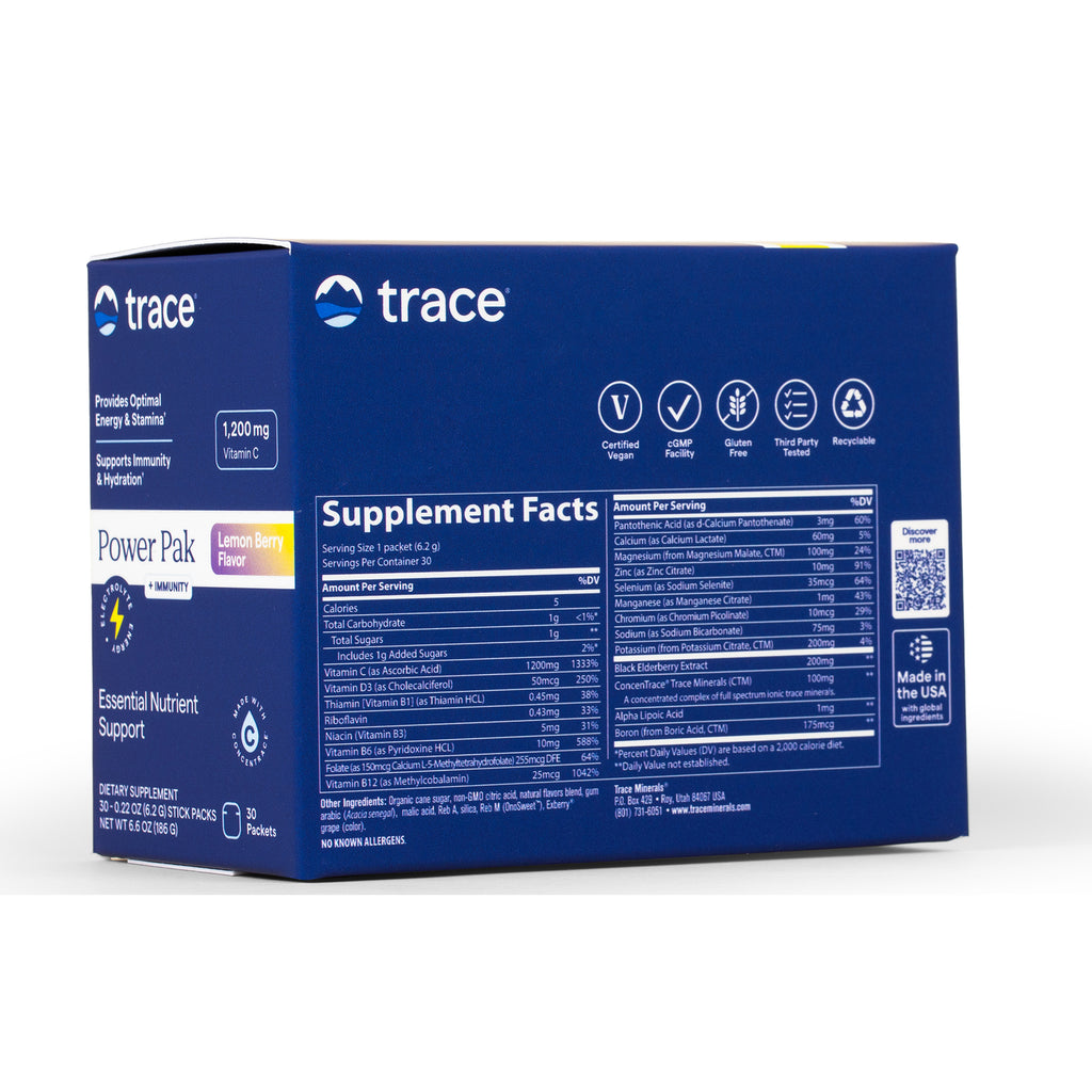 TM123 | trace Power Pak Lemon Berry box back showing Supplement Facts, 1,200 mg Vitamin C and certification icons - Thumbnail