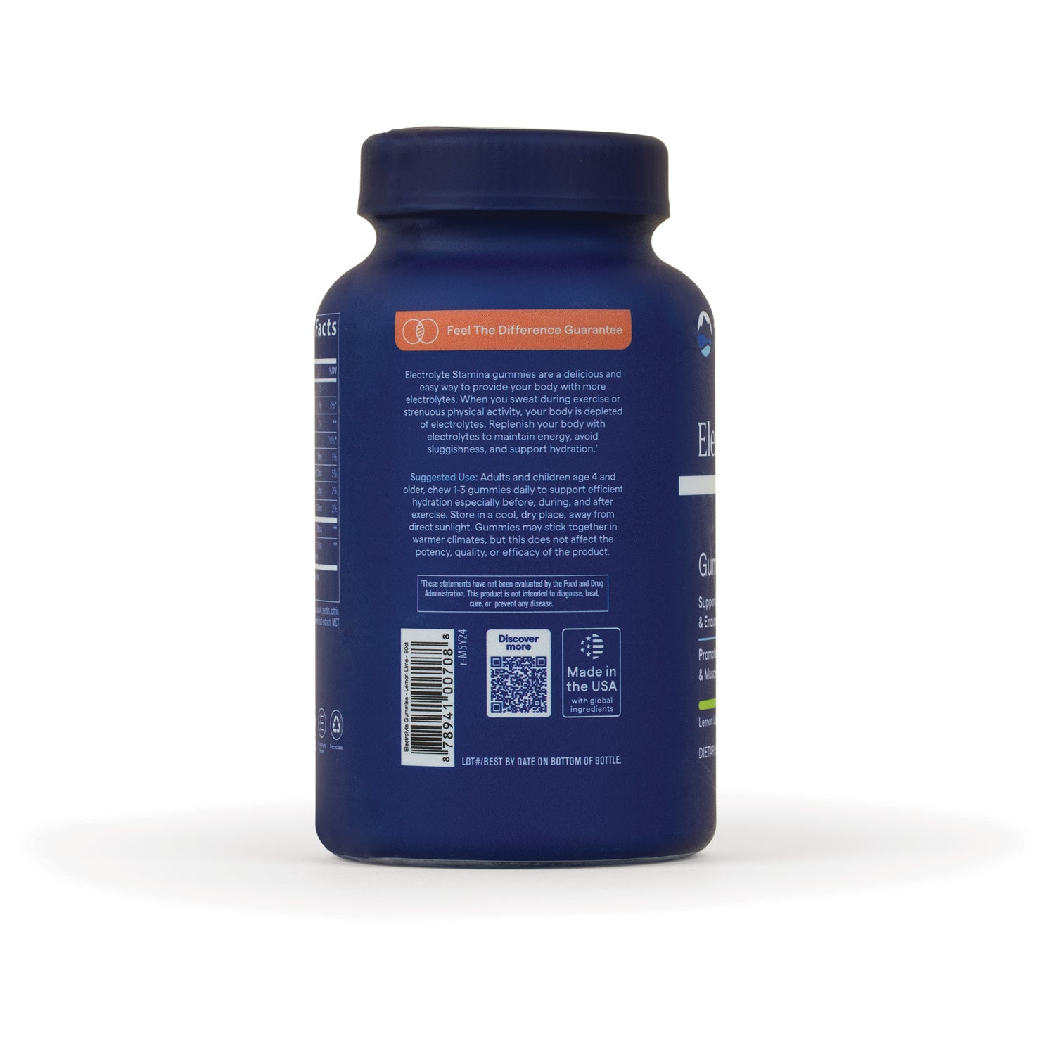 TM139 | Back of electrolyte gummies bottle with directions, QR code, barcode, and Made in the USA badge