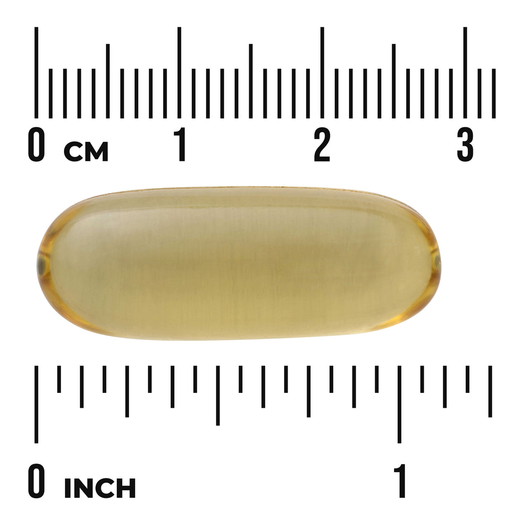 SWE010 | Yellow softgel capsule shown to scale with rulers in cm and inches - Thumbnail