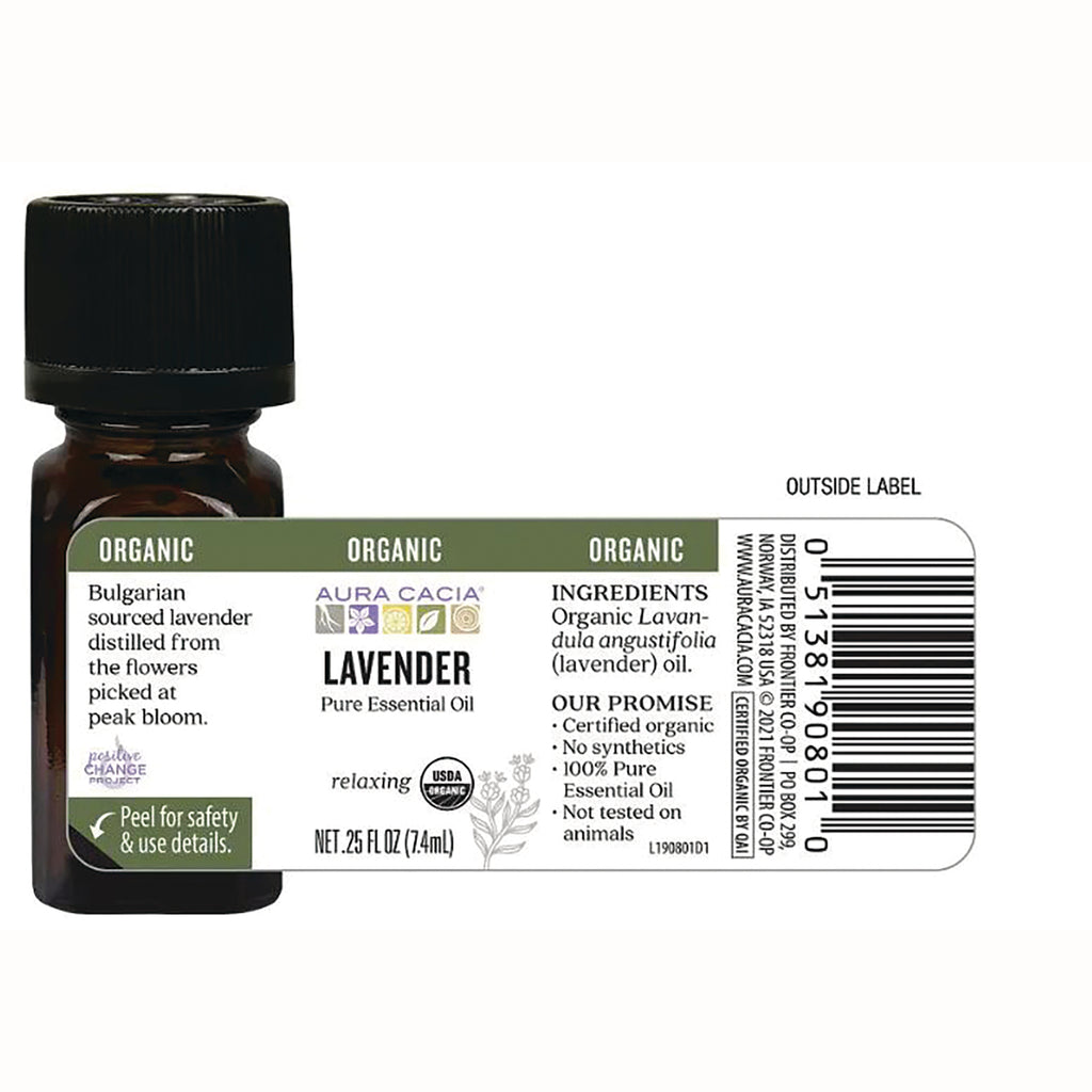 ARC022 | Back label of amber lavender essential oil bottle showing ingredients, certifications, barcode, net .25 fl oz - Thumbnail