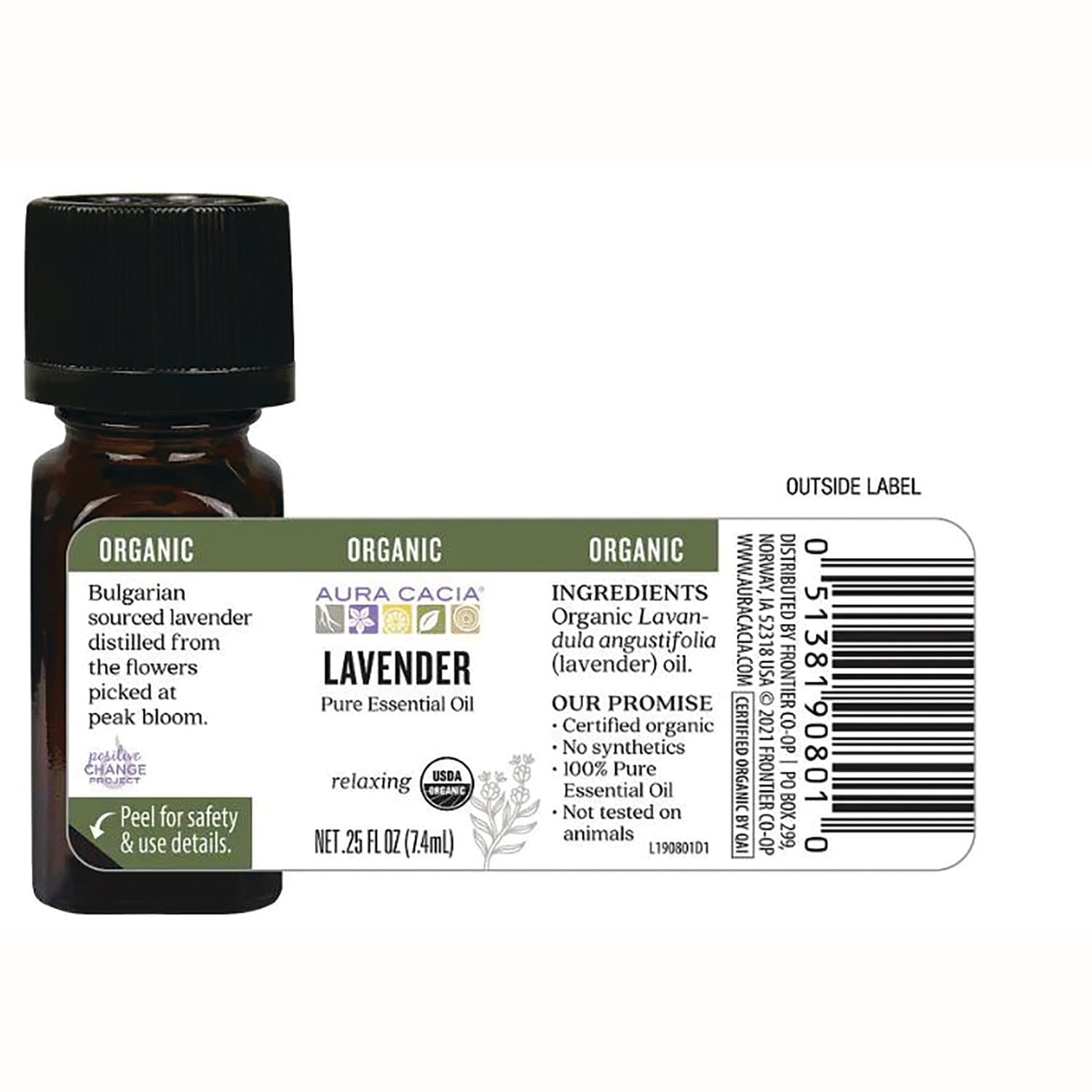 ARC022 | Back label of amber lavender essential oil bottle showing ingredients, certifications, barcode, net .25 fl oz