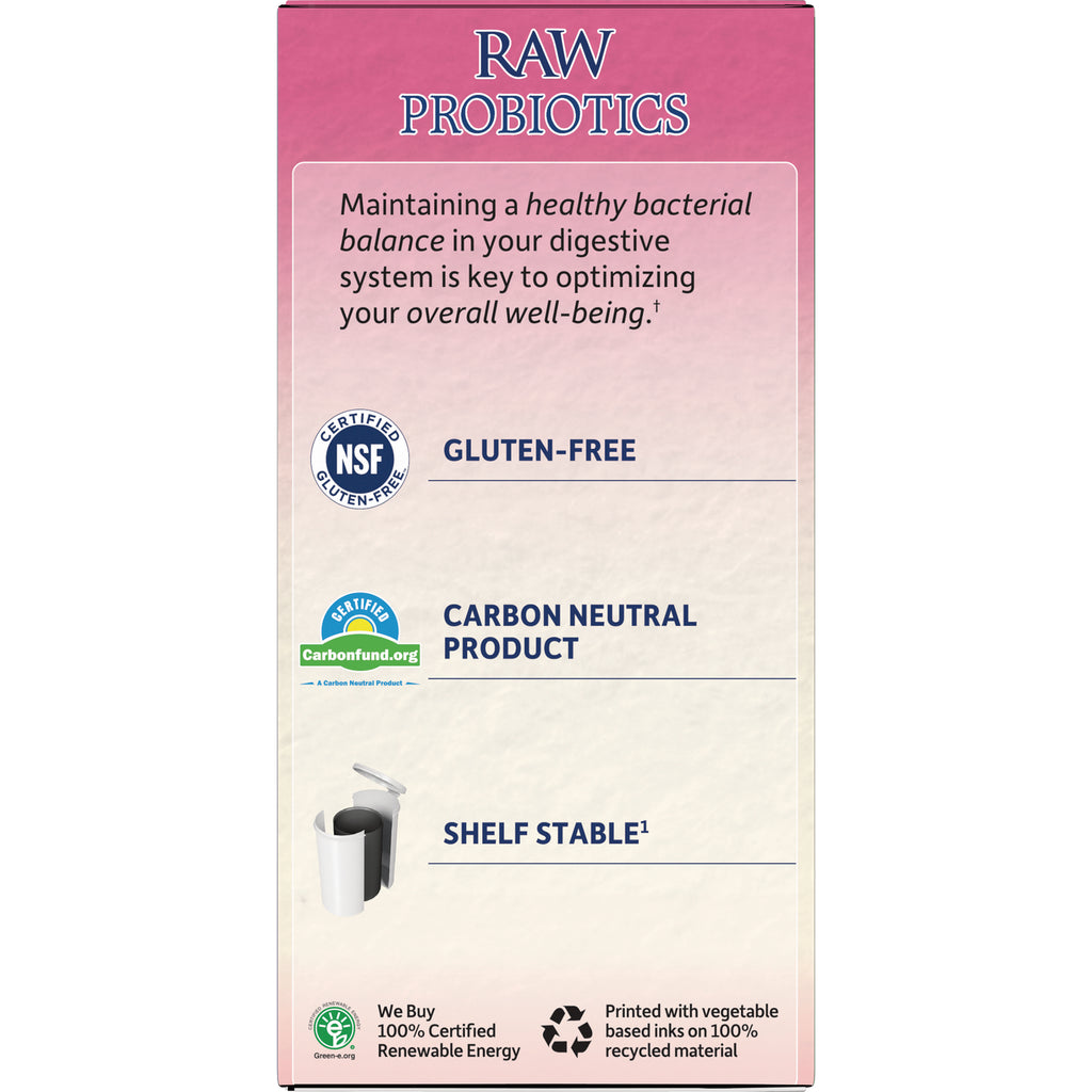 GLF365 | Back of RAW PROBIOTICS box showing gluten-free and carbon neutral certifications and shelf stable note - Thumbnail