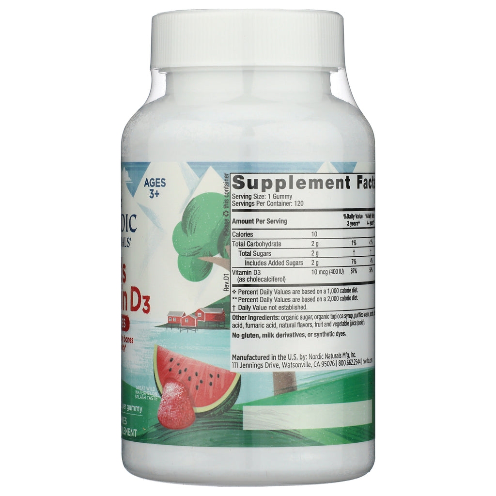 NRN120 | back of white bottle with supplement facts panel, ingredients and watermelon gummy illustration - Thumbnail