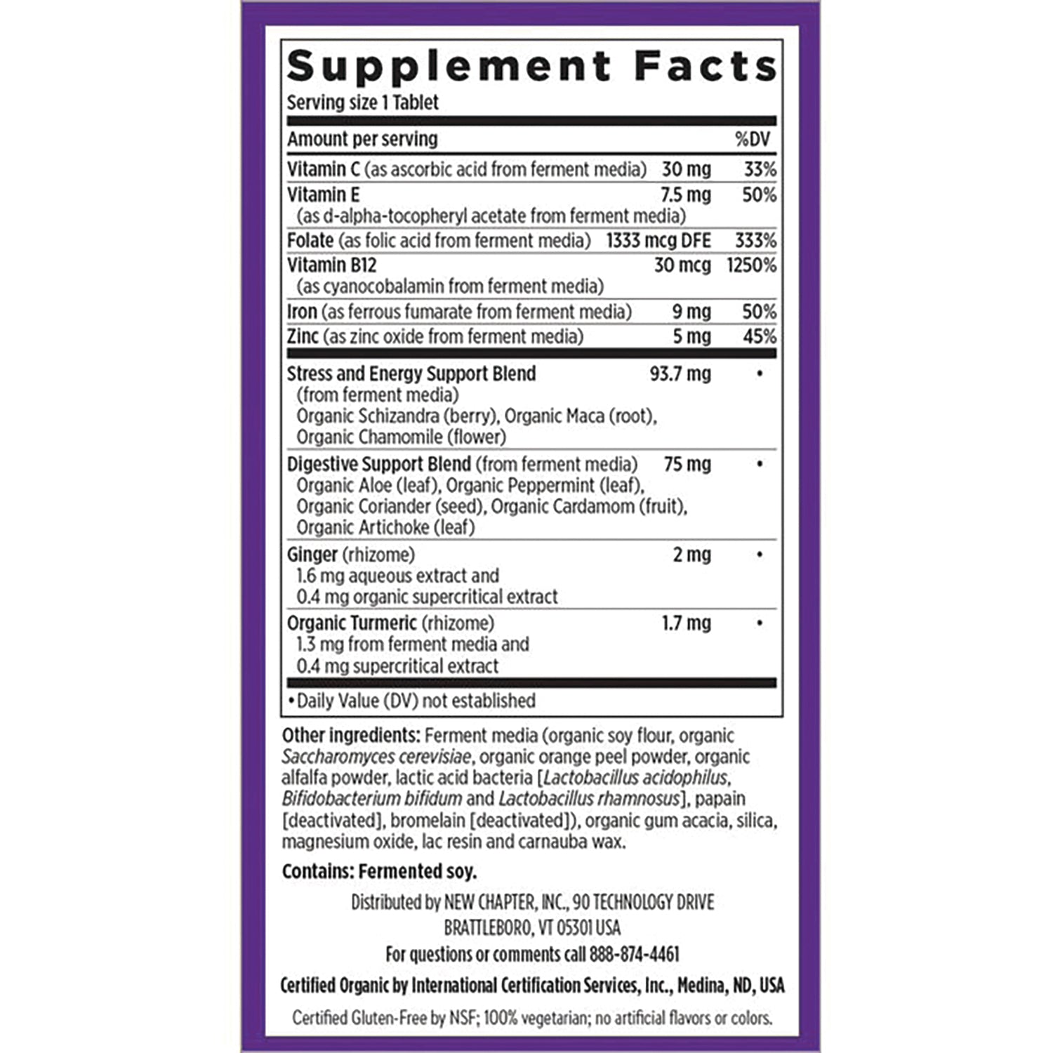 NWC365 | supplement facts and ingredient list on back label showing vitamins, blends, and contains fermented soy
