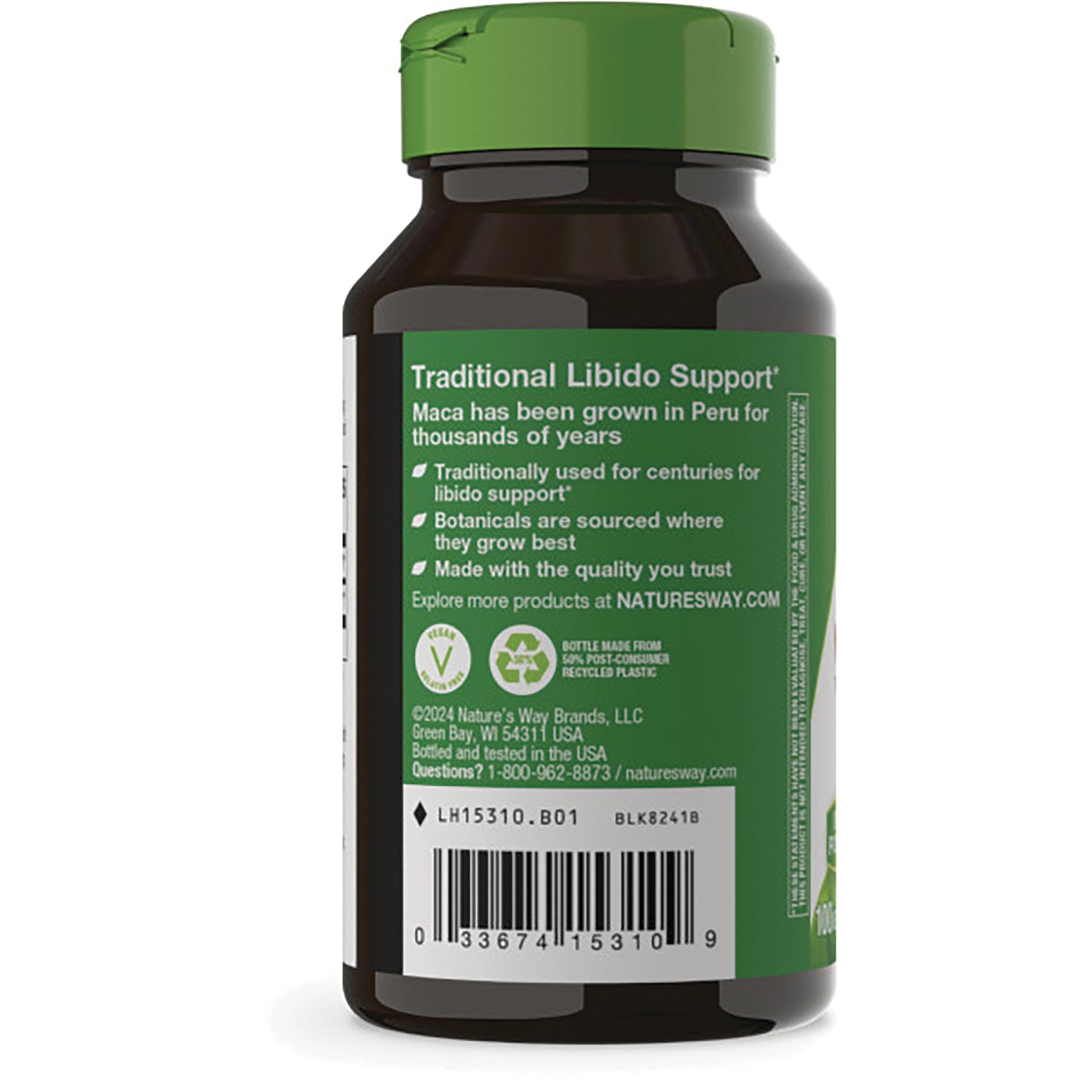 NW812 | Back of brown supplement bottle with green label reading Traditional Libido Support, product info and barcode visible