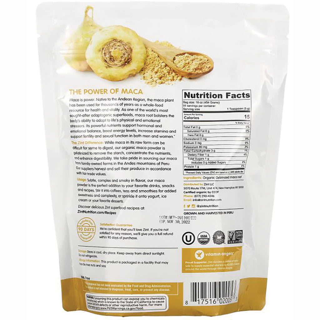 ZIN021 | Back of maca powder pouch, The Power of Maca text, Nutrition Facts and certifications - Thumbnail