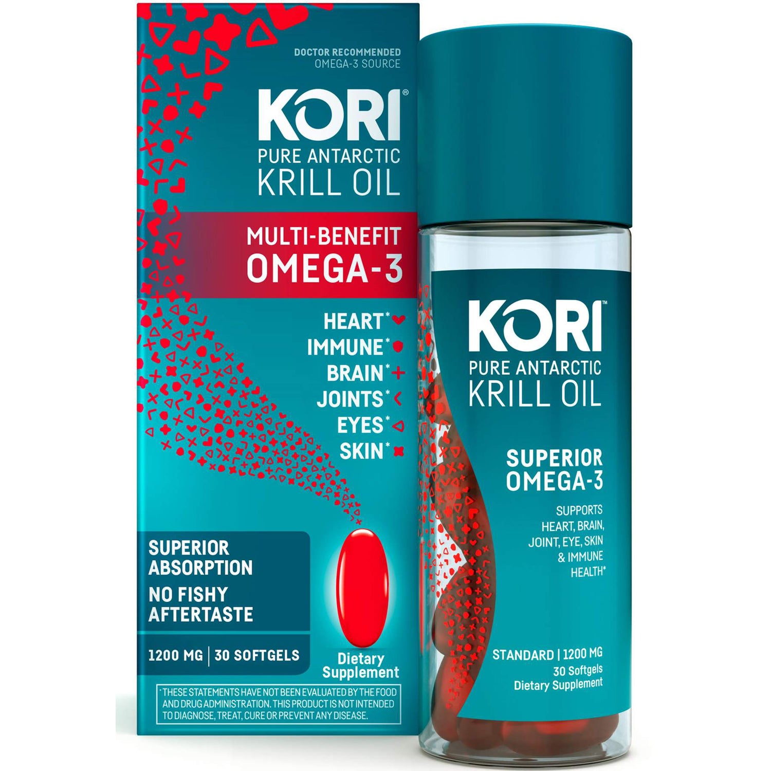 KKL001 | KORI Pure Antarctic Krill Oil bottle and box, multi-benefit Omega-3 softgels, 1200 mg, 30 softgels
