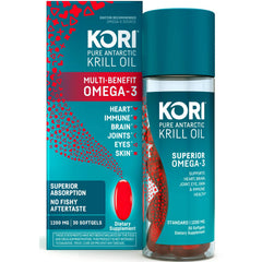 KKL001 | KORI Pure Antarctic Krill Oil bottle and box, multi-benefit Omega-3 softgels, 1200 mg, 30 softgels