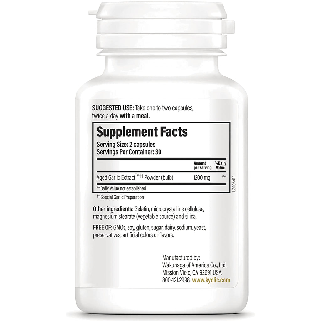 KY114 | Back of white supplement bottle showing Supplement Facts panel with serving size 2 capsules and Aged Garlic Extract 1200 mg - Thumbnail