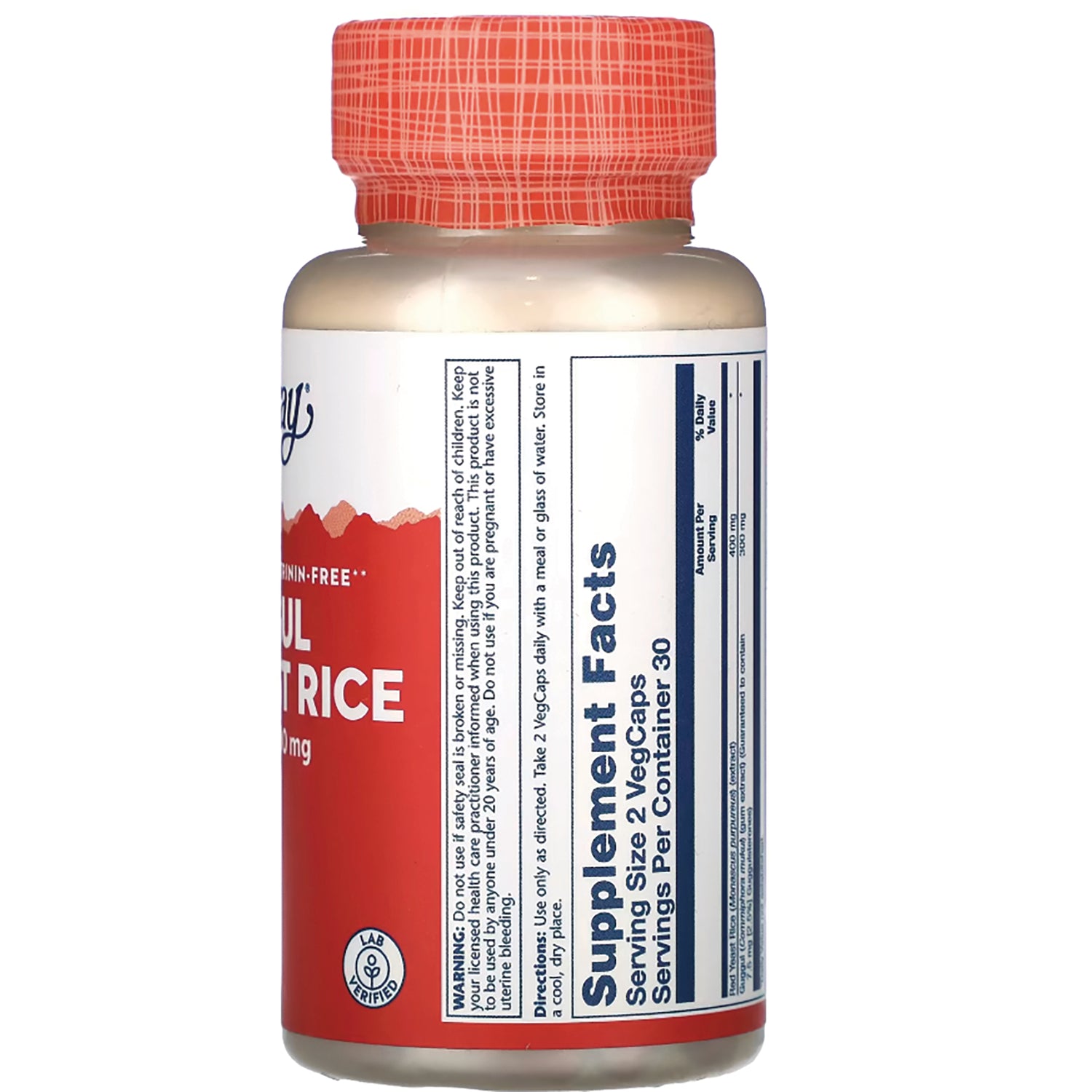 SLR198 | Back of supplement bottle showing Supplement Facts panel and red label with orange patterned cap