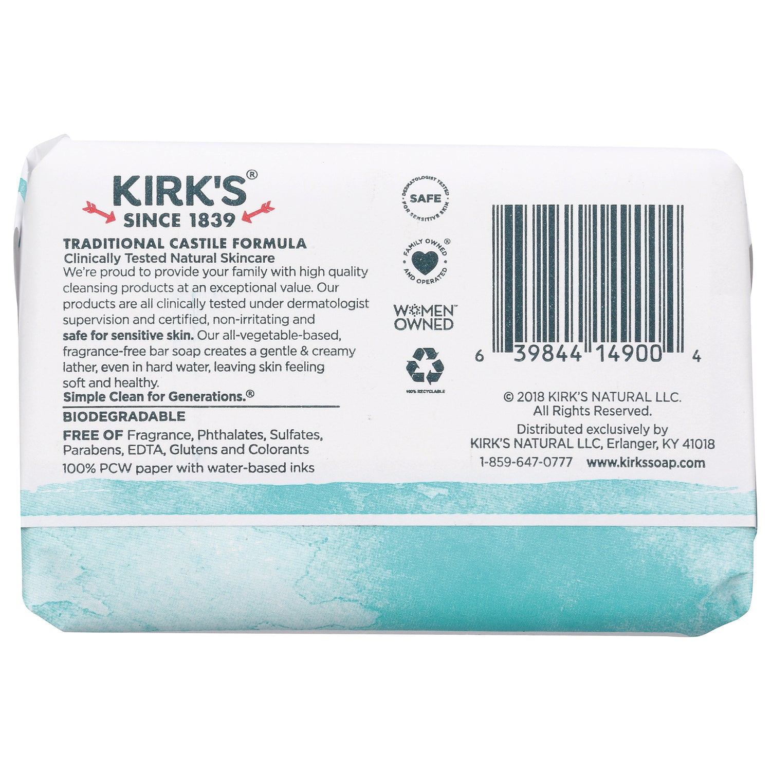 KIR002 | back of Kirk's soap wrapper showing Traditional Castile Formula description, ingredients text and barcode