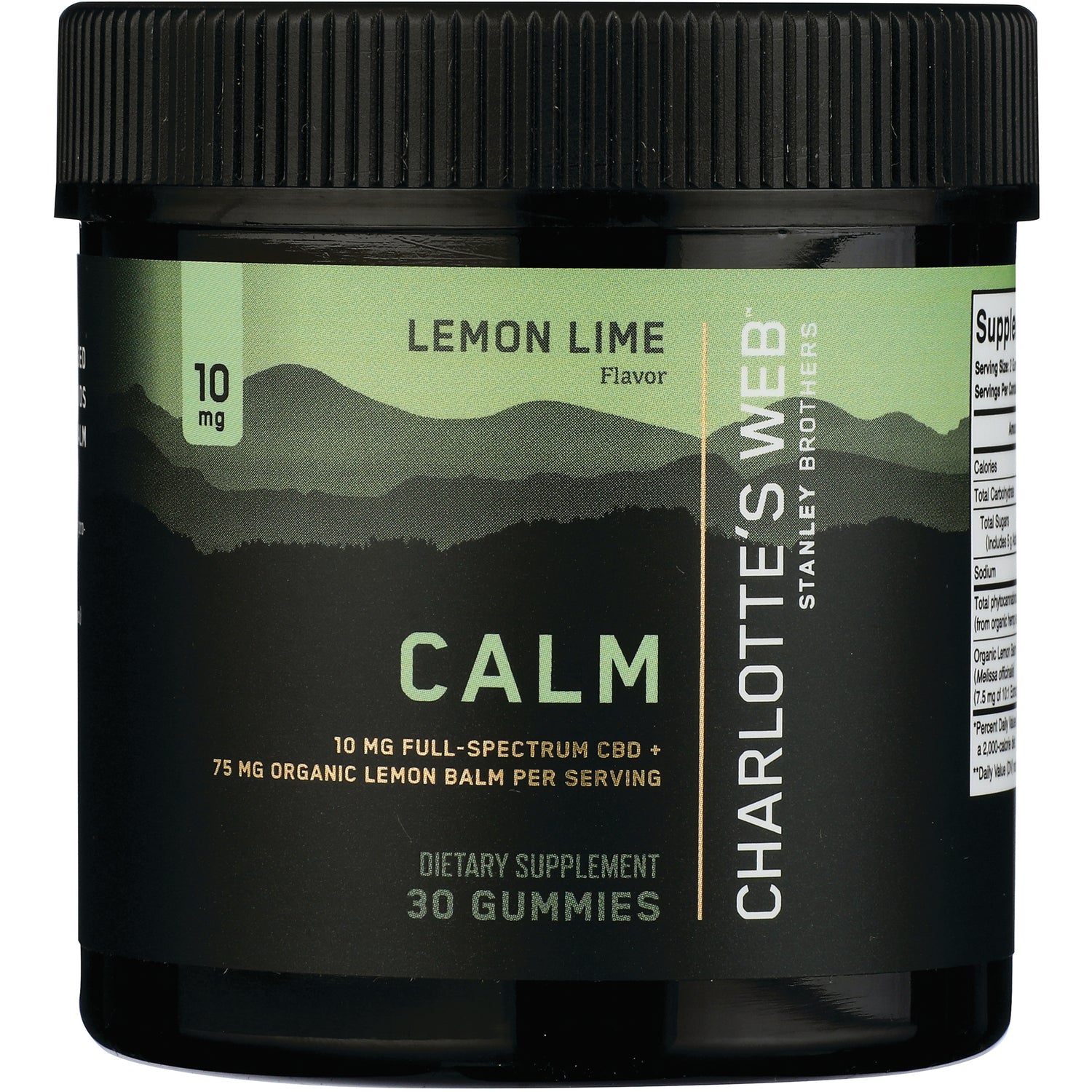 CHW031 | Front label of Charlotte's Web Calm lemon lime gummies jar showing CALM, 10 mg, 30 gummies