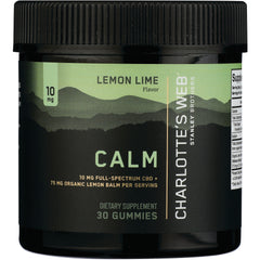 CHW031 | Front label of Charlotte's Web Calm lemon lime gummies jar showing CALM, 10 mg, 30 gummies