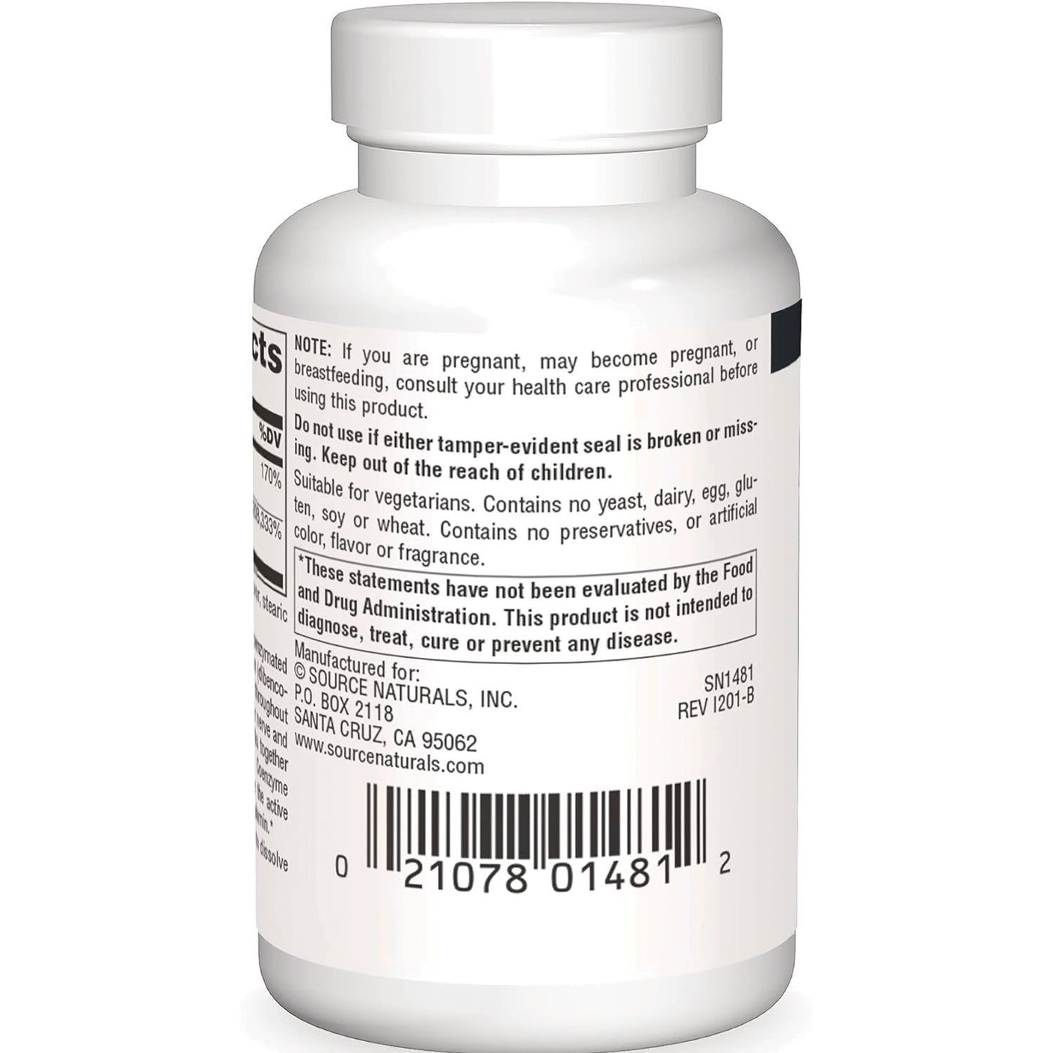 SN709 | Supplement bottle back label with warnings, manufacturer info, and barcode