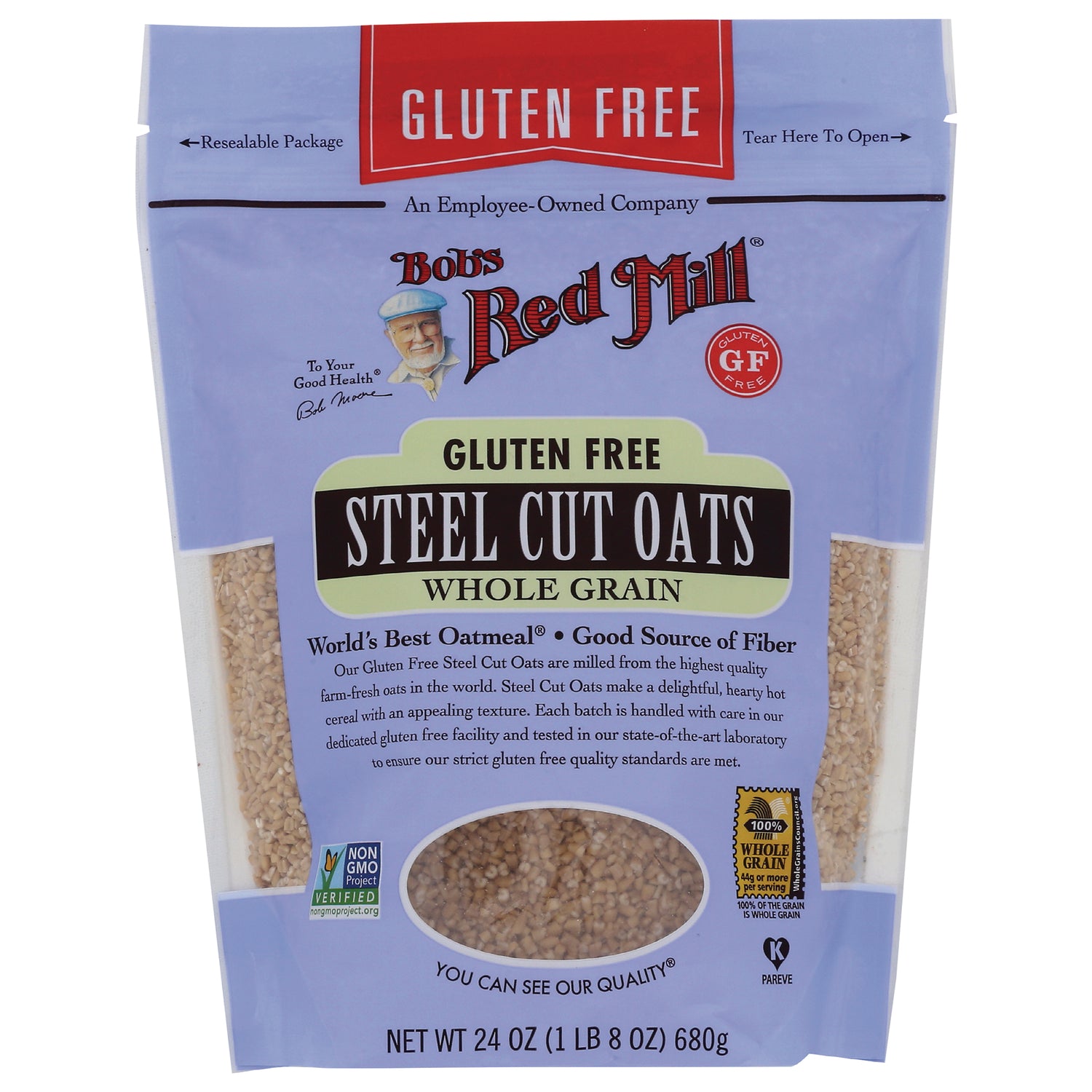 BOB309 | Bob's Red Mill gluten free steel cut oats whole grain bag with front window showing oats