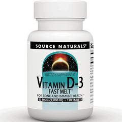 SN655 | Source Naturals Vitamin D-3 Fast Melt dietary supplement, 50 mcg (2,000 IU), 120 tablets