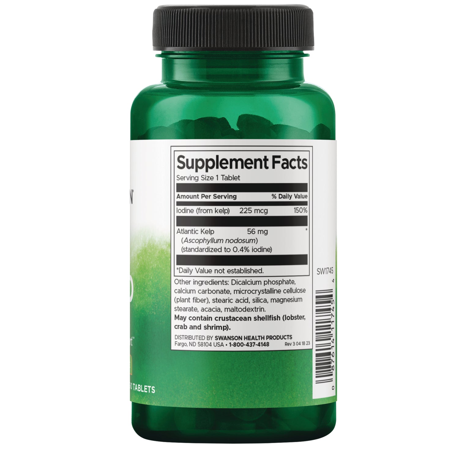 SW1745 | Back label with Supplement Facts for Atlantic Kelp tablets, iodine 225 mcg per serving, ingredients and barcode